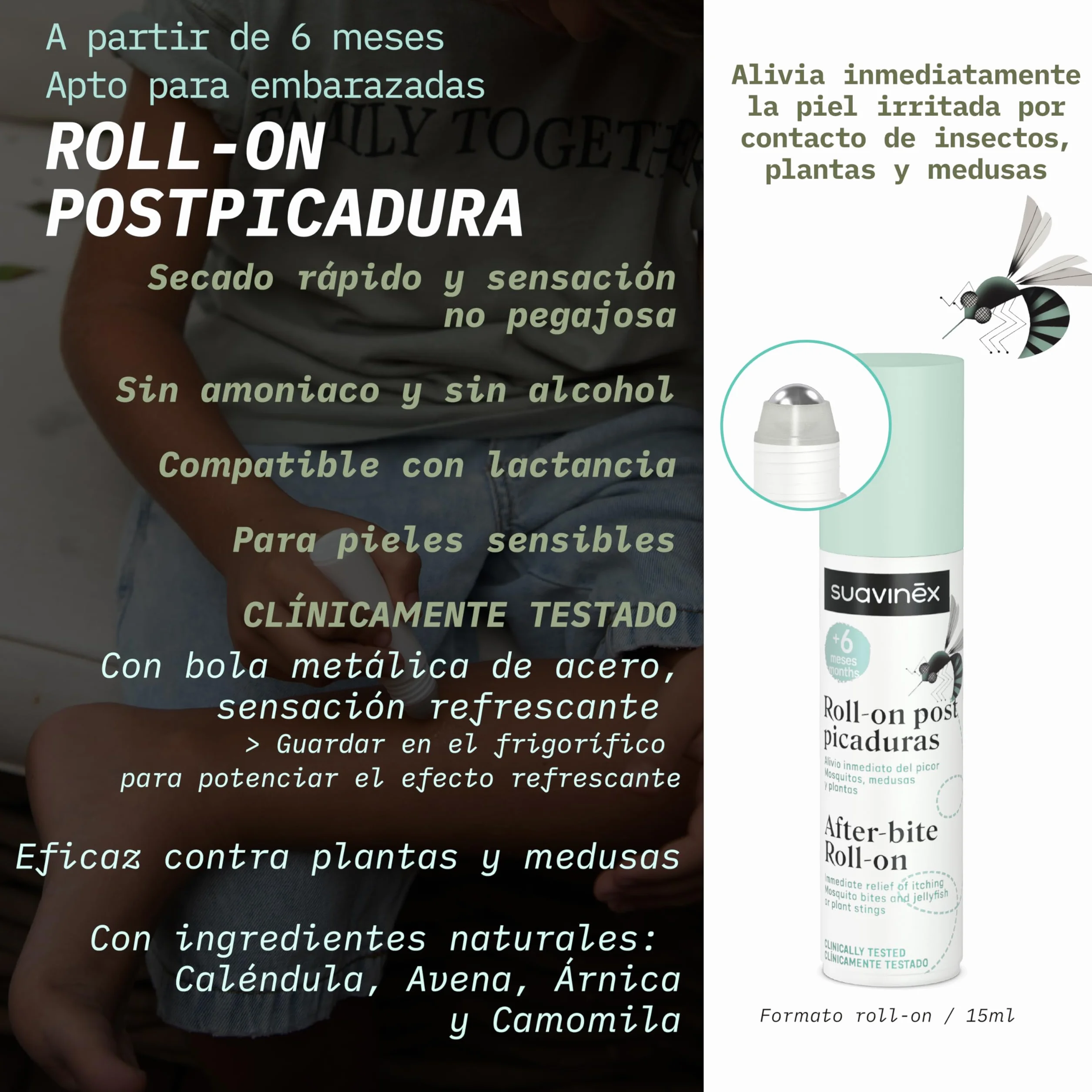 Suavinex Roll On Post Picaduras de Mosquitos, Plantas y Medusas, Sin Alcohol, Sin Amoniaco, 15 ml