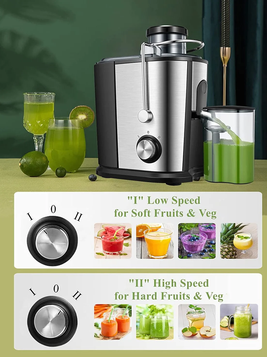 JUILIST Licuadoras Para Verduras y Frutas, 600W Licuadora de Acero Inoxidable, Diseño Nongoteo, Fácil de Limpiar, 2 Modos de Velocidad, 65MM de Boca Ancha, Pies Nondeslizantes