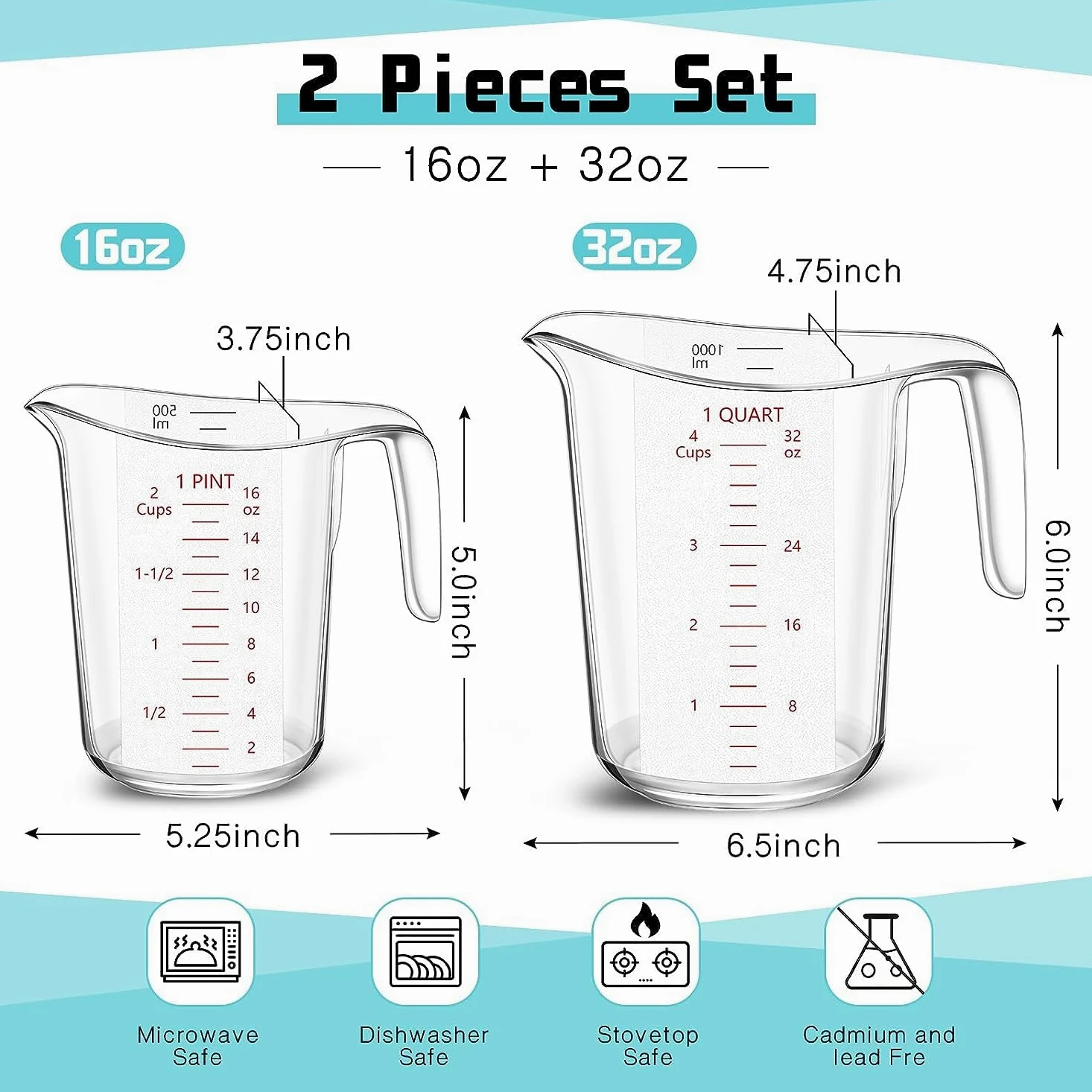 Vasos medidores de plástico, 2 vasos líquidos con boquilla en forma de V y mango, jarras medidoras para aceite líquido, harina de vinagre, 16 onzas, 32 onzas