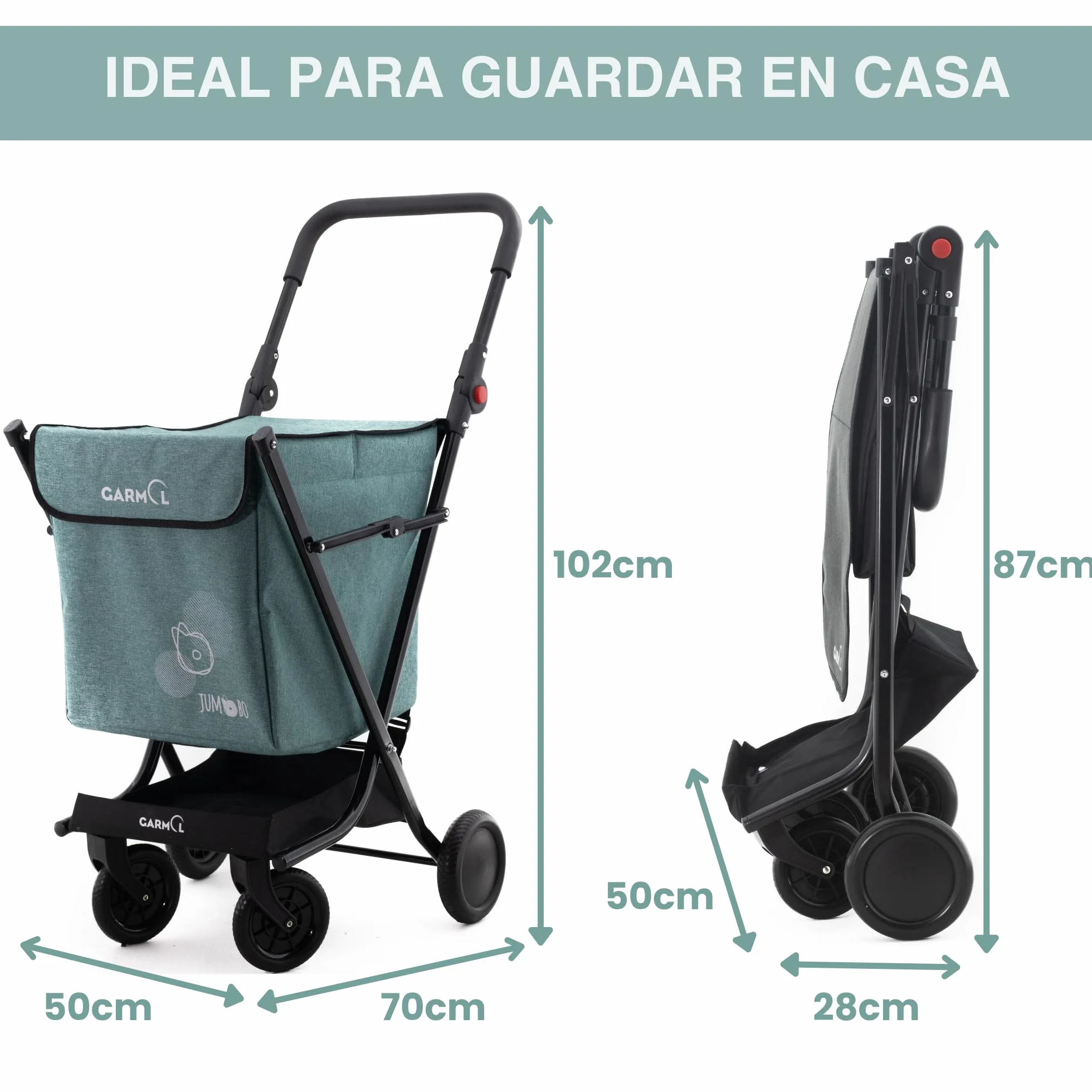 GARMOL Carro de la Compra Plegable 66 litros | Carro de la Compra 4 Ruedas Gran Capacidad | Carrito Compra 4 Ruedas Plegable Color Verde