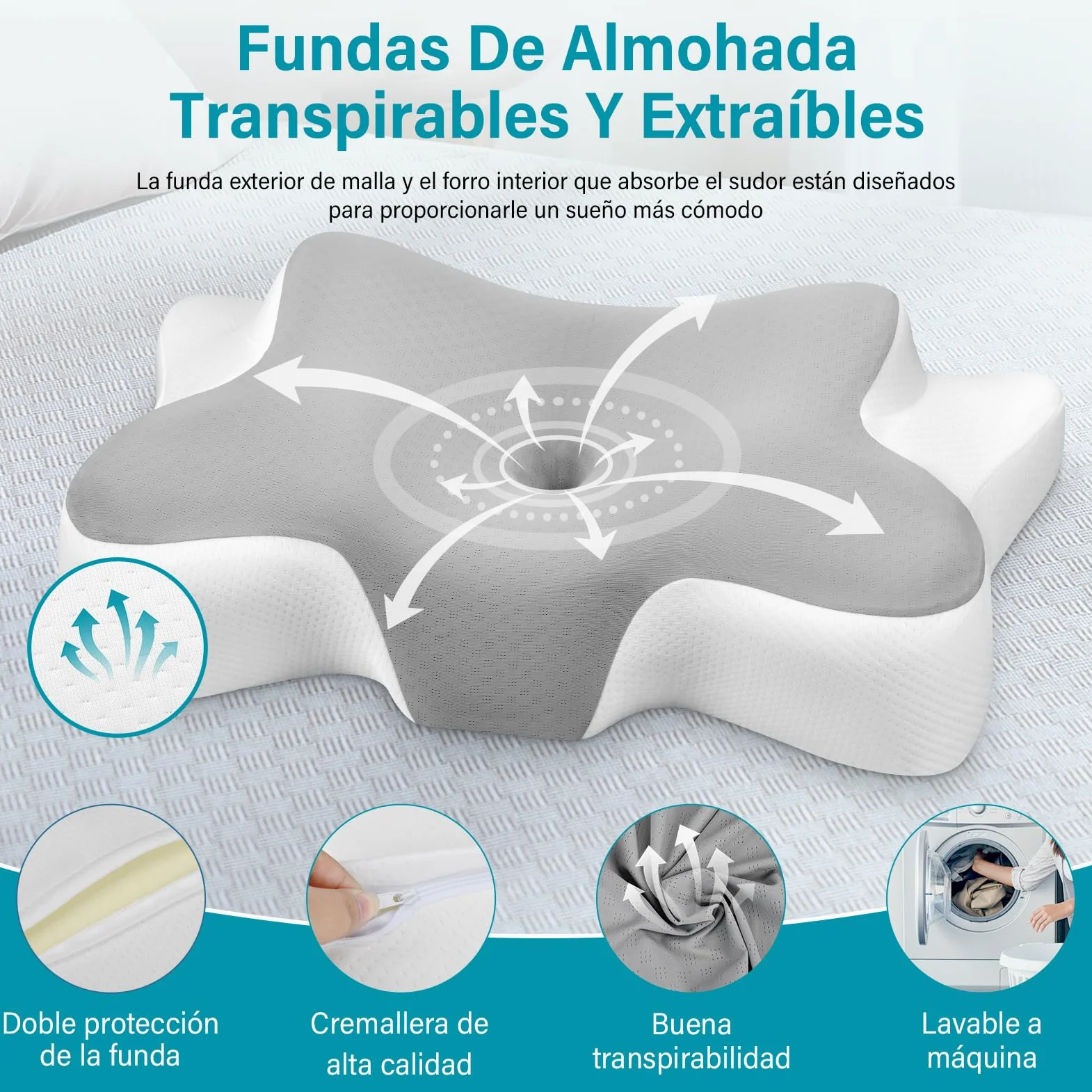 Almohada Cervicales y Cuello, Almohada Cervical en 2 Alturas, Almohada Viscoelastica con Funda de Almohada Extraíble para Dormir de Lado, Boca Arriba y Boca Abajo, 66x37x9/12cm (Plata)