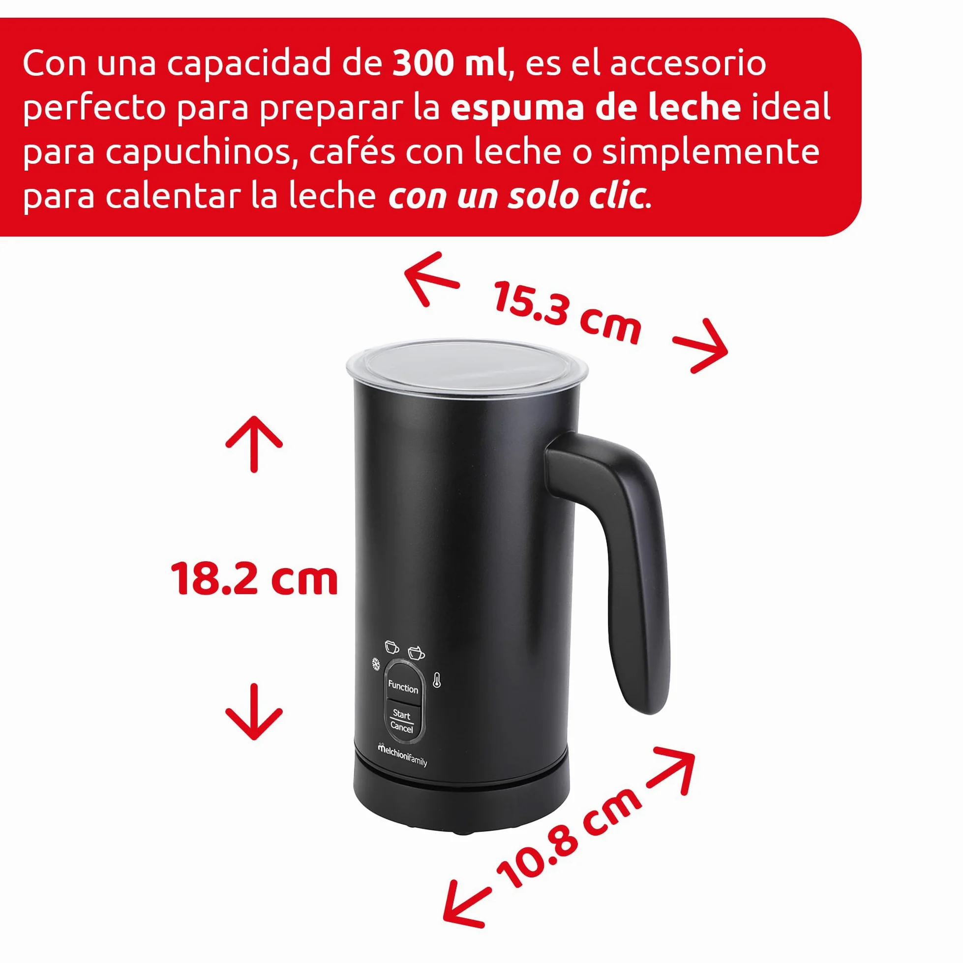 Melchioni Family Milky - Espumador de leche eléctrico, capacidad 300 ml, 4 en 1, apagado automático, espuma fría y caliente, chocolate caliente, capuchino como bar