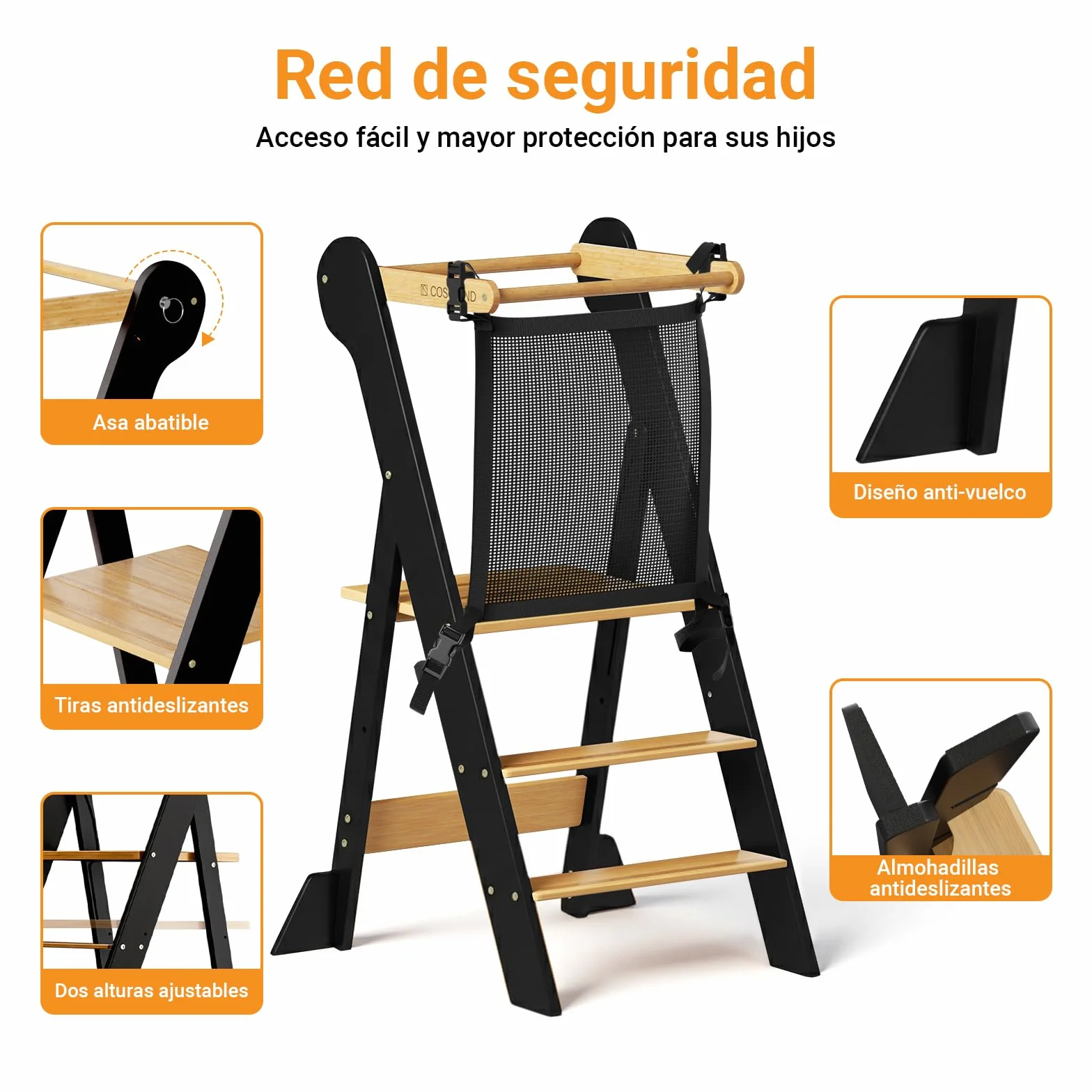 COSYLAND Torre de Aprendizaje Plegable 2 Alturas Ajustable para Niños 18 Meses a 6 Años Negro Natural