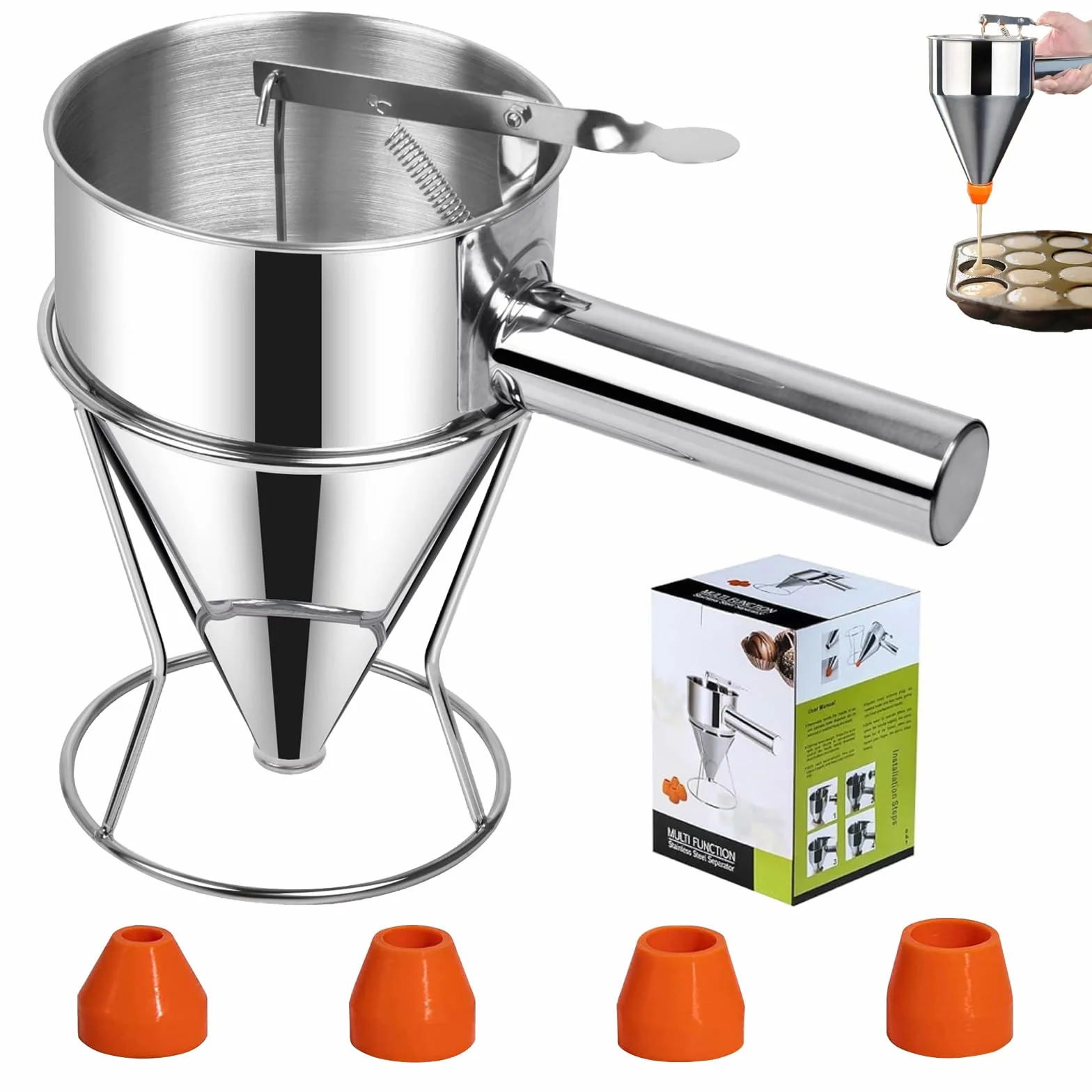 Acero Inoxidable Dispensador de Masa 1200ml, Dosificador de Masa para Panqueques, Dispensador de Masa con Soporte, Soporte y 4 Boquillas Diferentes para Panqueques