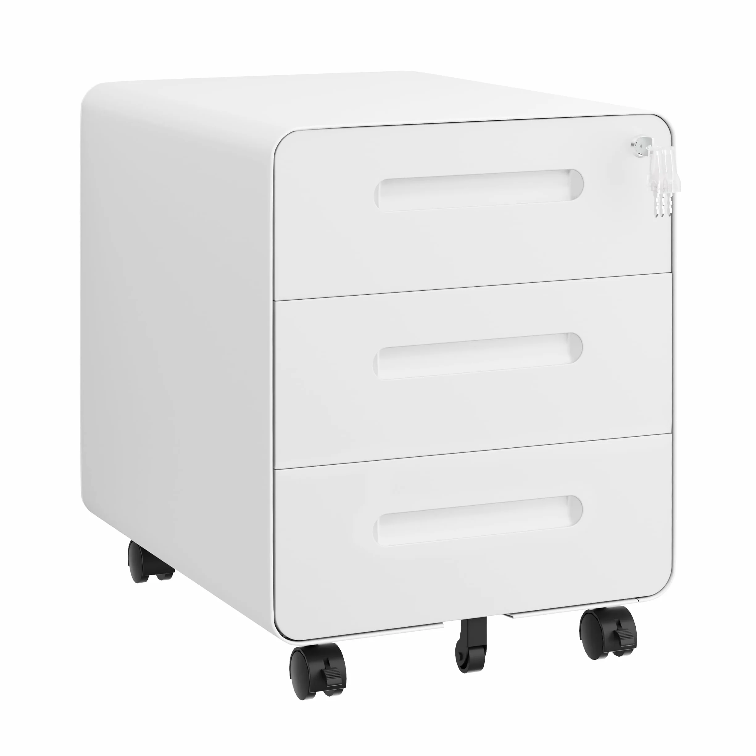 Cajonera Móvil con 3 Cajones, Archivador de Oficina con Ruedas, Diseño de Esquinas Redondeadas, Completamente Ensamblado, con Cerradura y 4 Llaves, Blanco