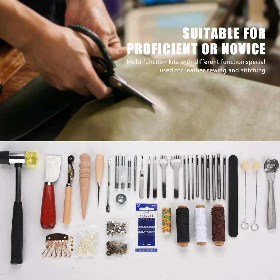 Phefop Juego de 42 Herramientas para Manualidades de Cuero, Kit de Peletería, Herramientas de Costura de Cuero con 42 Manuales para Coser Tela de y Lienzo