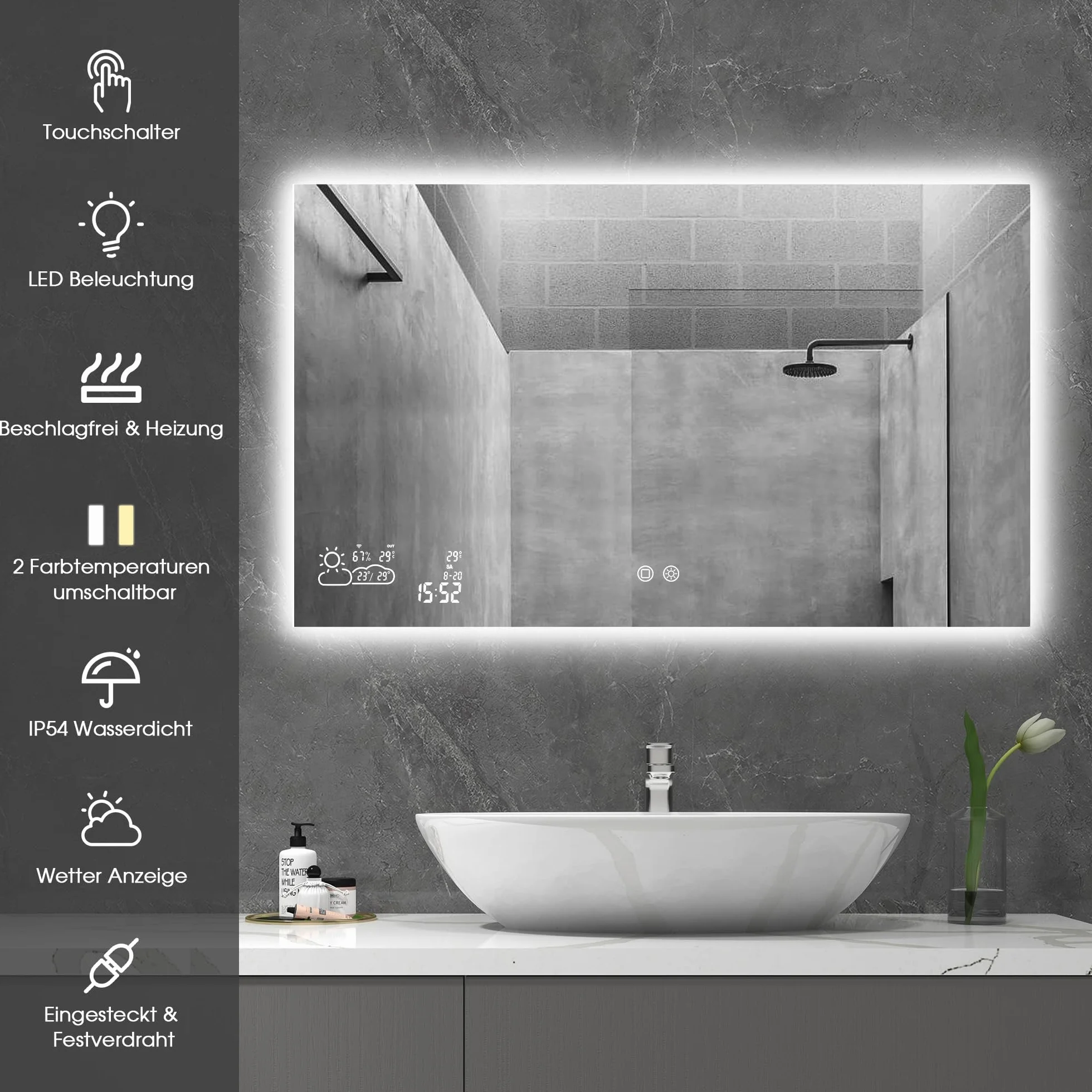 byecold Espejo de baño con iluminación LED 100x60 cm, Calefacción con estación meteorológica, WiFi, Espejo de baño, Calefacción con Interruptor táctil, Horizontal