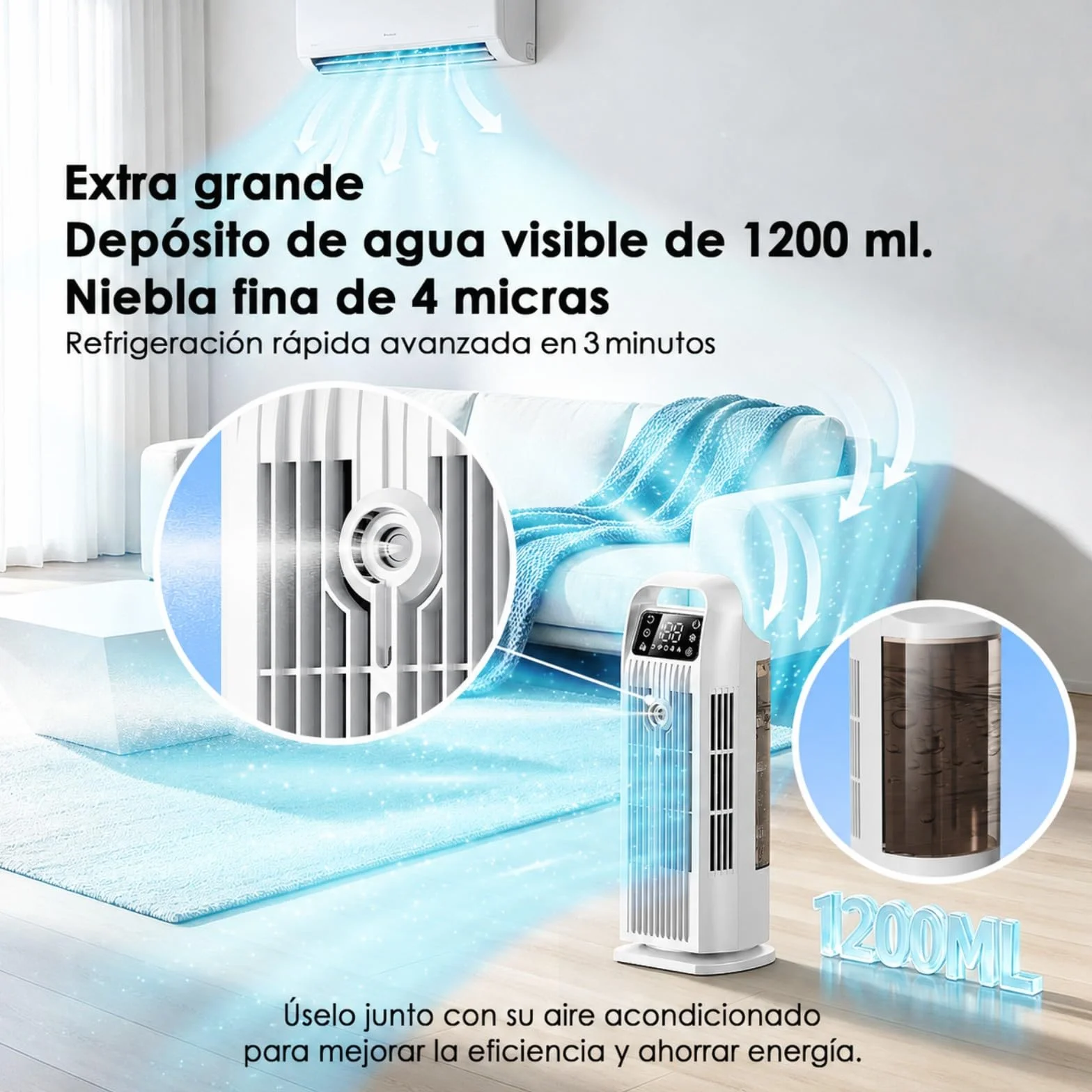 Aire Acondicionado Portátil sin Tubo, Climatizador Evaporativo 6 en 1 Bajo Consumo, Ventilador Torre Silencioso con Mando, Oscilación 120°, Depósito 1.2L, Temporizador 12H, Blanco Polar