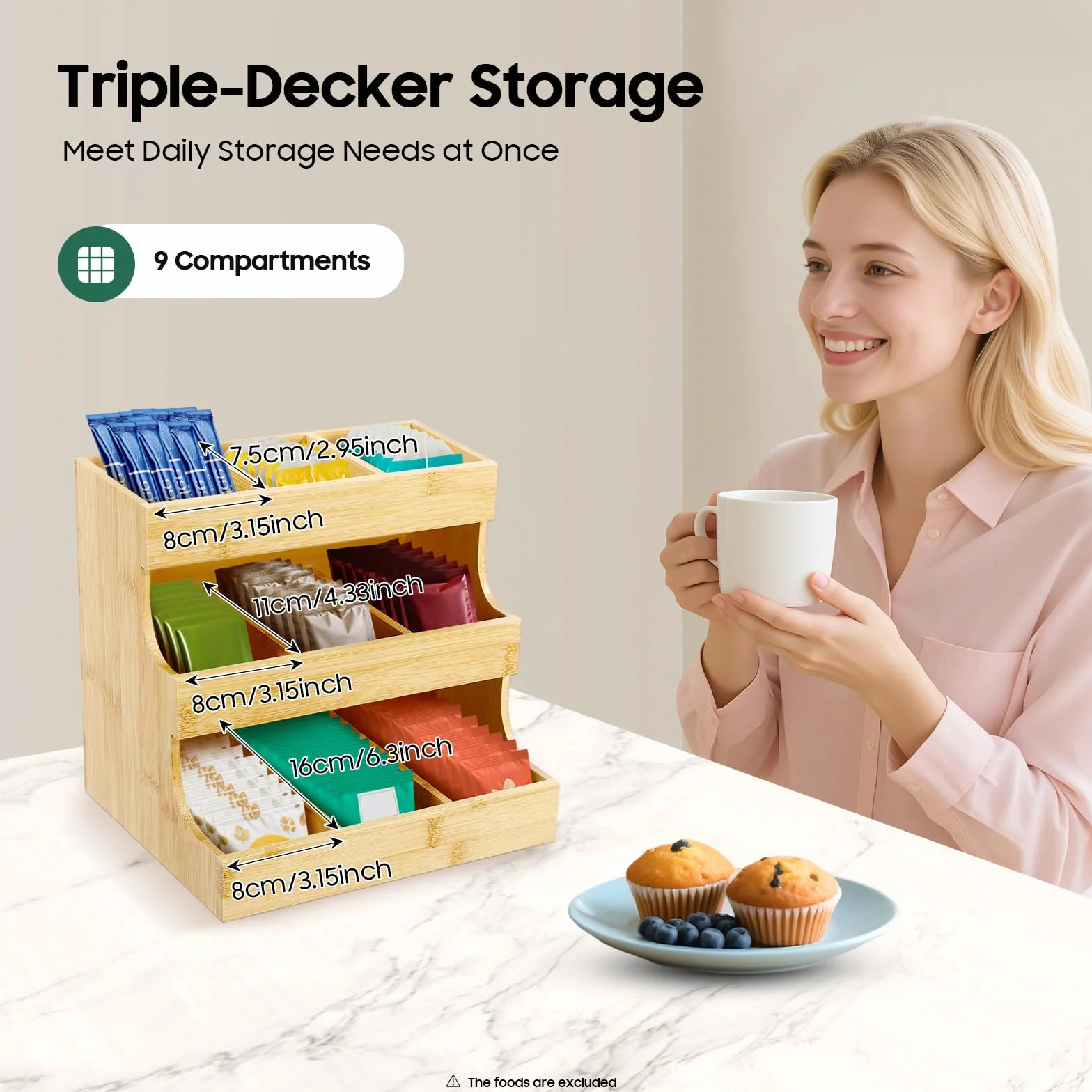 Organizador de bolsas de té de bambú con 9 compartimentos y 3 niveles (27 x 17,5 x 24 cm), capacidad de carga de 5 kg, para casa, oficina y cafetería, diseño sostenible