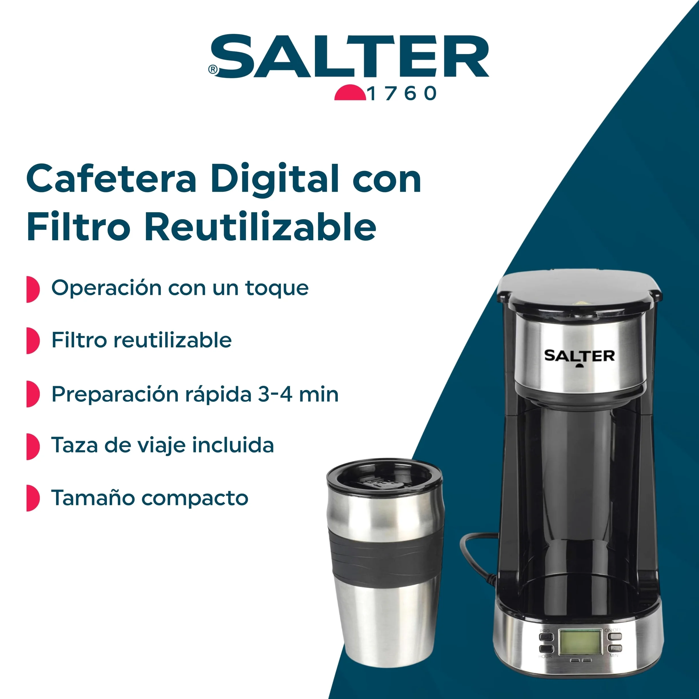Salter Cafetera de Filtro Digital – Filtro Lavable y Reutilizable, Incluye Taza de Viaje de 420 ml de Acero Inoxidable, Prepara Café en 3-4 Minutos, Compatible con Café Molido o Pads