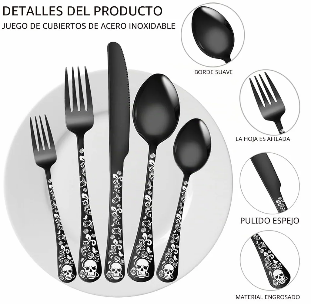 XIAOYU Juego de cubiertos extraño de 20 piezas, juego de cubiertos de calavera gótica para 4, diseño de patrón único de flor de esqueleto, utensilios de vajilla para eventos de halloween, Negro