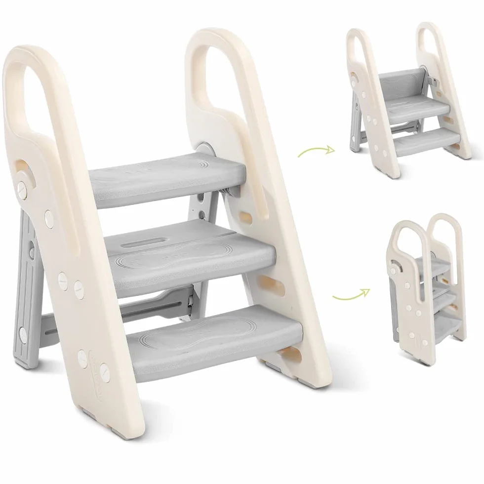 Onasti Taburete Plegable Infantil 3 Peldaños, Asiento Entrenamiento Inodoro Ajustable Antideslizante Gris