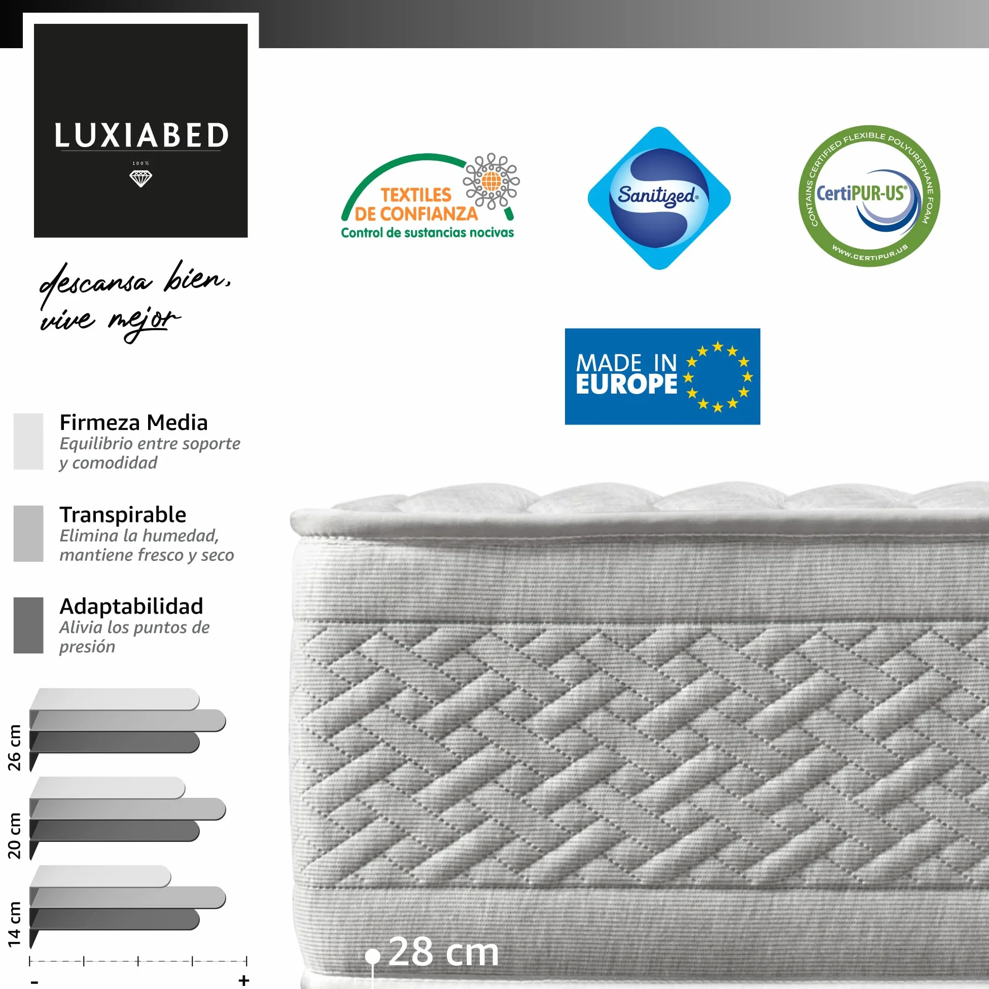 LUXIABED Colchon 150x200 Viscoelastica Dual: Caras Diferenciadas. Confort + Firmeza Media MemorySens. Higiénico y Transpirable. Individual Color Gris. Modelo Optimal Altura 28 cm