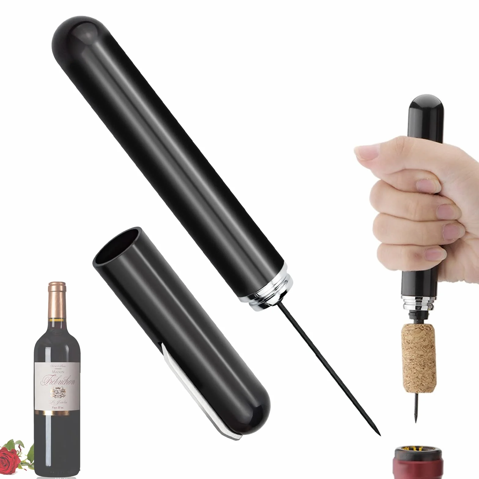 Presión de Aire Abridor de Vino,Abrebotellas Vino Abrebotellas de Presión de Aire, Abridor de Acero Inoxidable,Abrebotellas Vino Portátil Bomba de Aire，Bomba de Botella Regalo-Negro