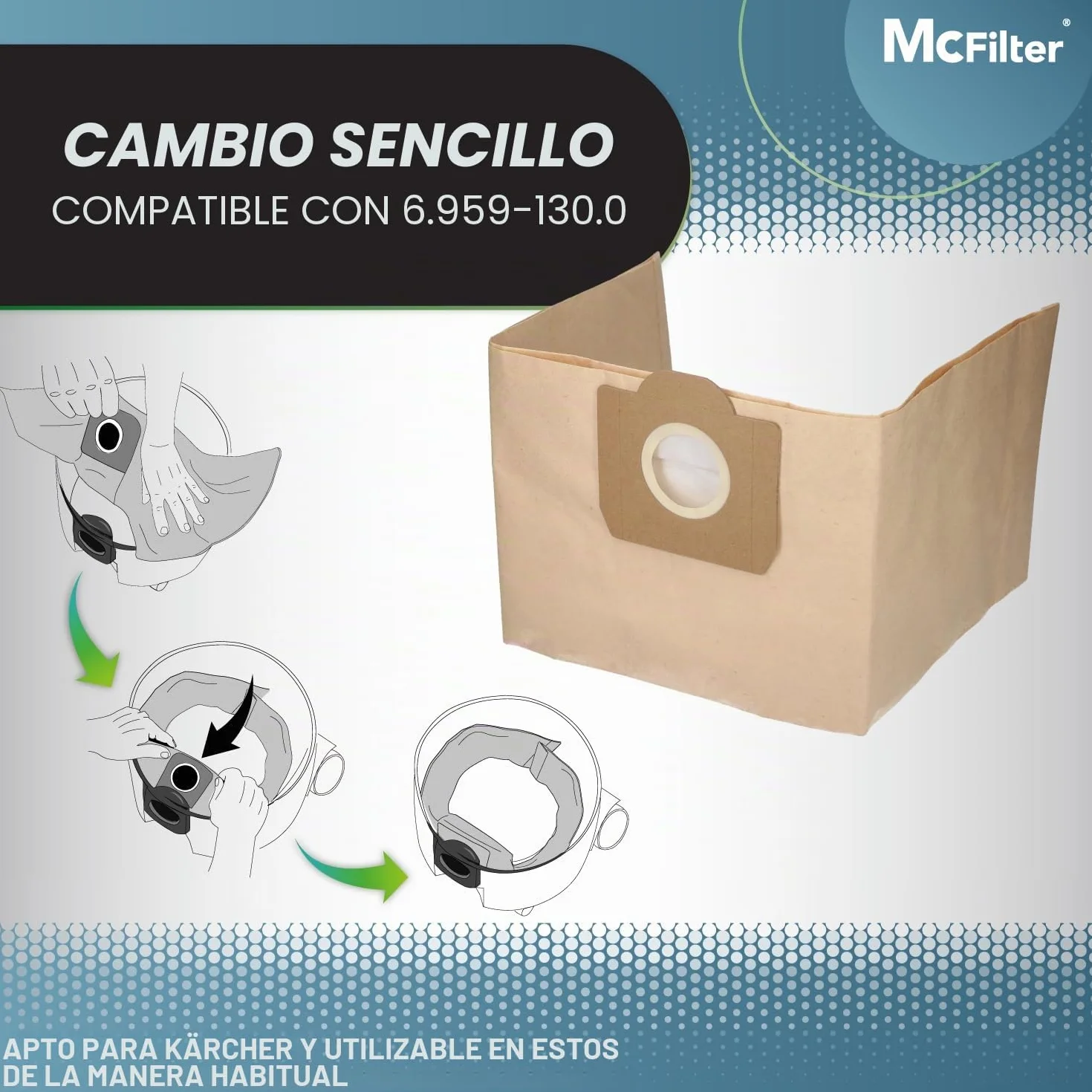 1 juego de 10 bolsas de aspiradora y 1 filtro de cartucho adecuado para aspiradoras multiusos Kärcher de las series WD3 y MV3