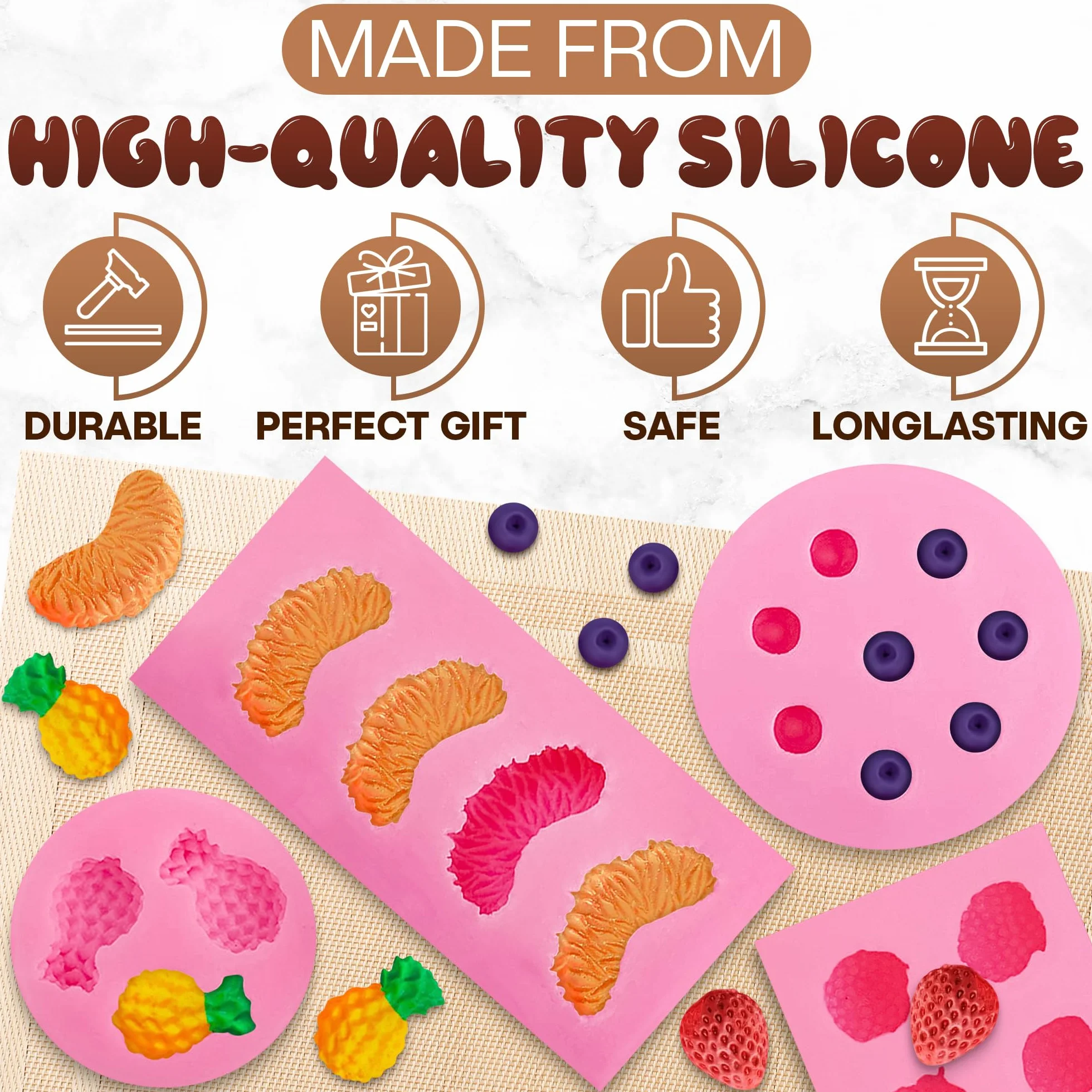 5 moldes de silicona para aperitivos de frutas, moldes de silicona en forma de fruta, moldes de frutas para rebanadas de piña, molde de silicona 3D de fresa para naranja y arándano, molde de silicona