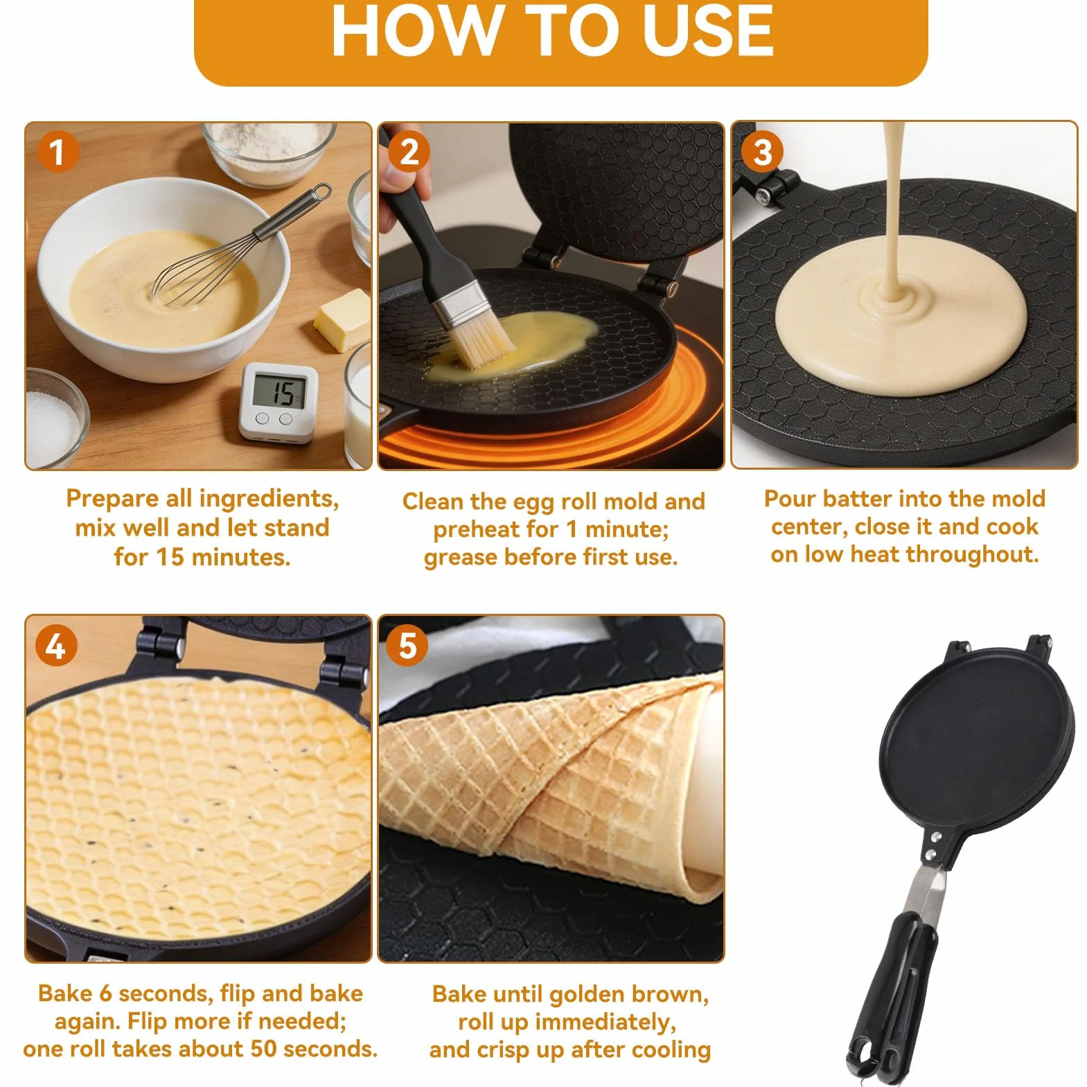 Waffle Cone Maker, Aleación de Aluminio Egg Roll Ice Cream Cone Maker Waffle Irons Baking Pan Non Stick Waffle Irons Mold Pan Non-stick Egg Roll Maker for Kitchen