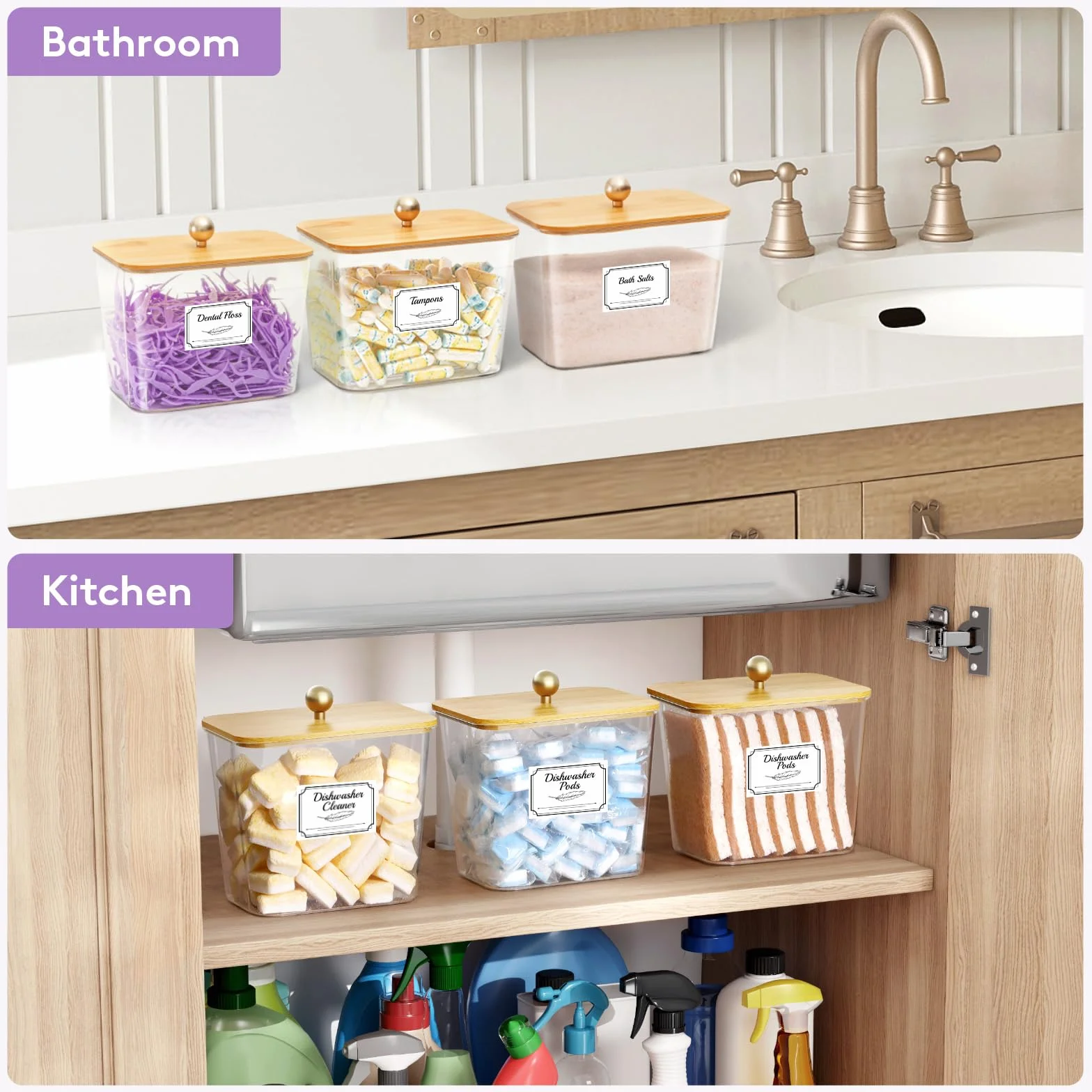 Lifewit 2700 ml Contenedor Detergente Polvo Con Tapa de Bambú, Lavanderia Organizador, Pastillas Lavadora Caja de Almacenamiento de Plástico, Contenedores para Baño, Tarros, Natural, Juego de 4