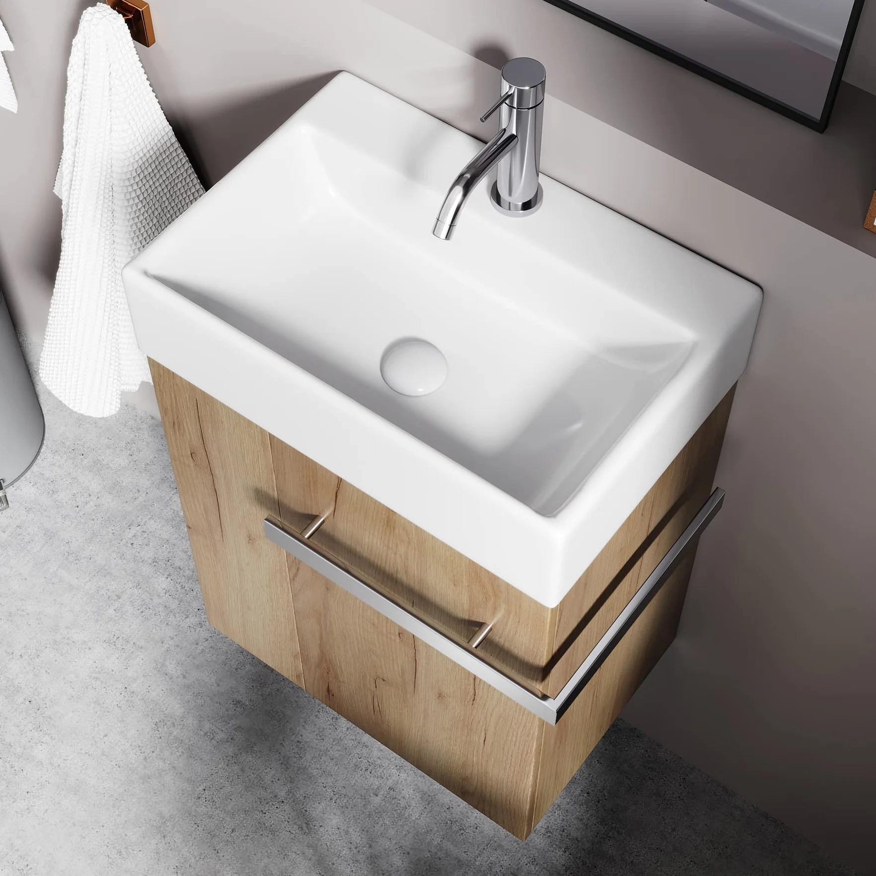 Mueble de Baño 50 cm con Lavabo de Cerámica – Cajón con Cierre Suave, Tirador para Toallas, Instalación Izquierda/Derecha Opcional, European Oak