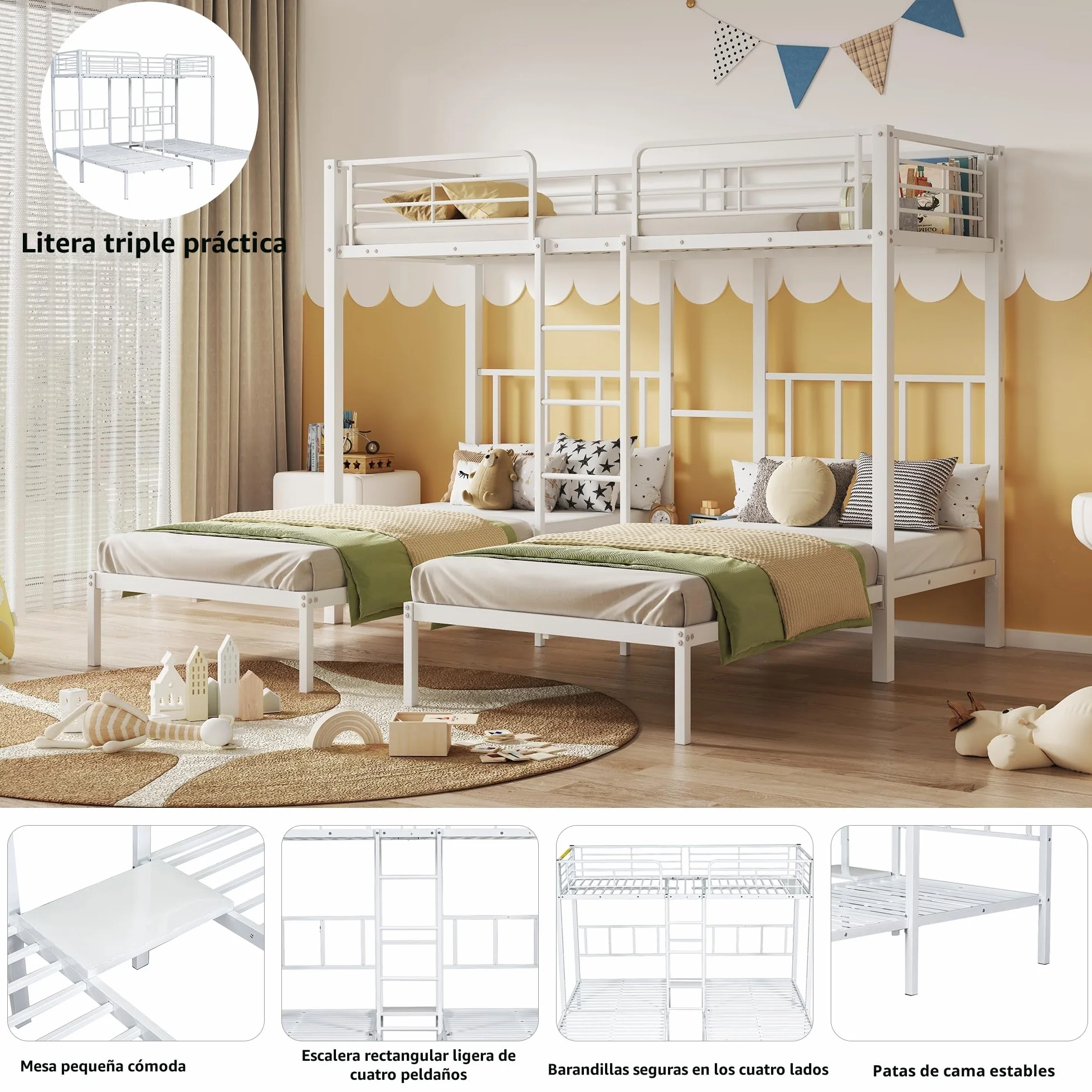 Moimhear Cama Triple, litera Triple con Escalera para niños y Adolescentes, Cama de Hierro con Puerta de Seguridad y Mesa (90x200cmx3, Blanco)