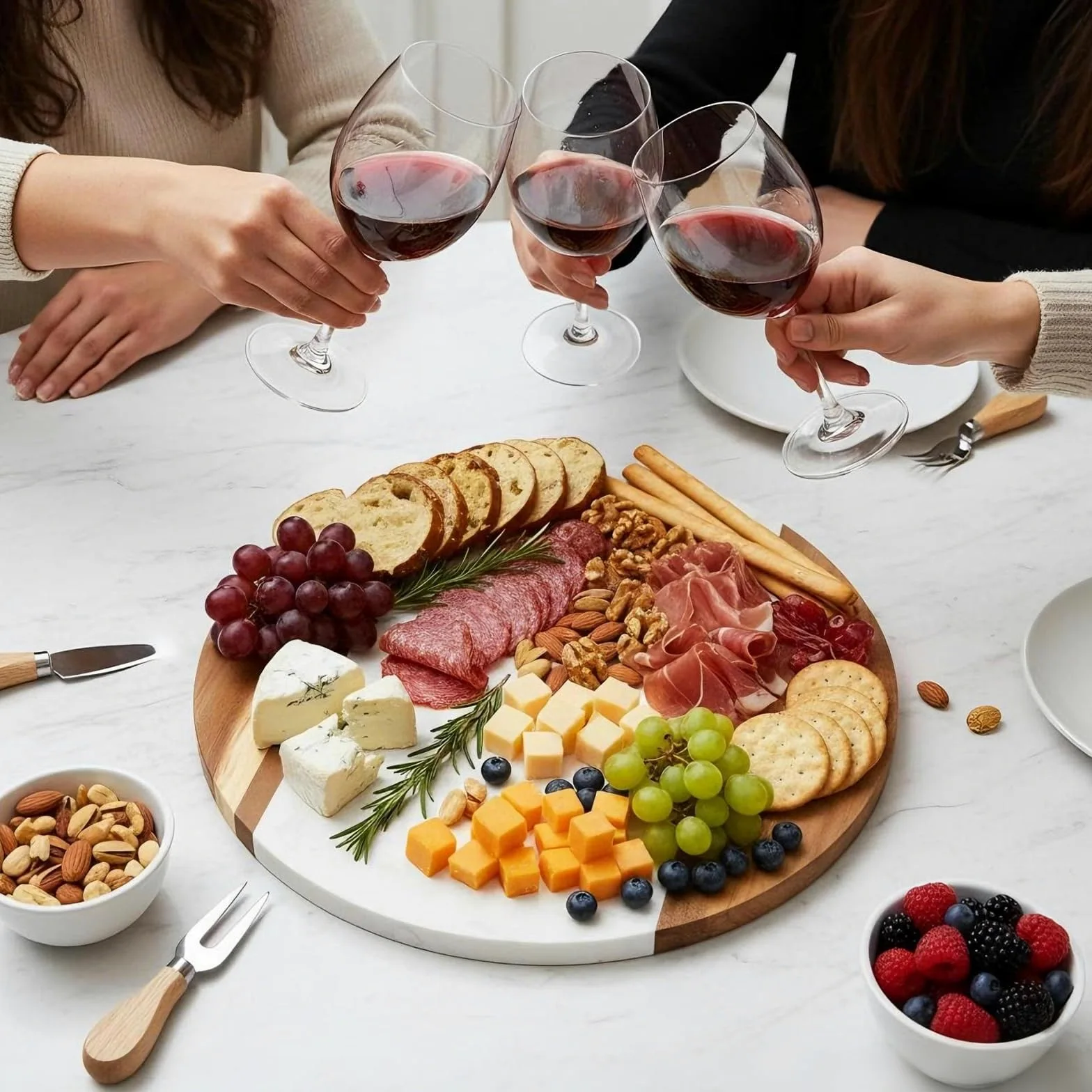Okllen Tabla de queso de mármol de 12 pulgadas y tabla de servir de madera de acacia, tabla de cortar redonda hecha a mano para queso, embutidos, carne, frutas
