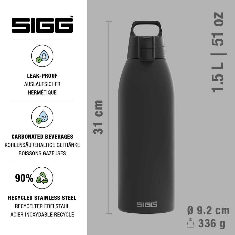 Sigg - Botella de Agua Aislada - Shield Therm Morning Blue - Apta para Bebidas Carbonatadas - A Prueba de Fugas - Apta para Lavavajillas - Libre de BPA - Acero Inoxidable 90% Reciclado - Azul - 1,5L