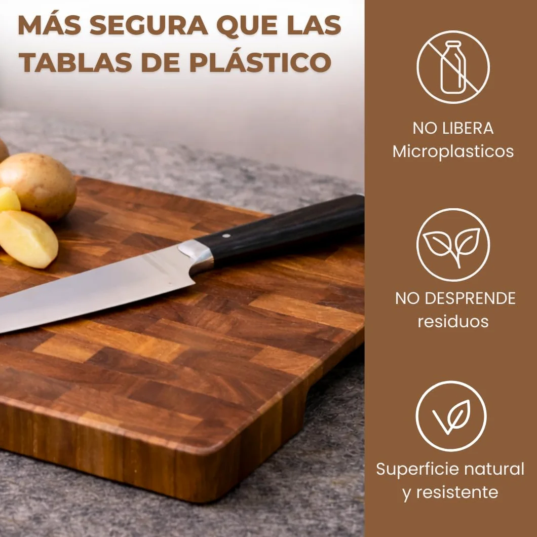 Tabla de Cortar de Madera de Acacia Profesional 36x24x3 cm | Antibacteriana y Resistente | Tabla de Cocina Premium con Asas Laterales | Incluye Delantal Profesional Negro