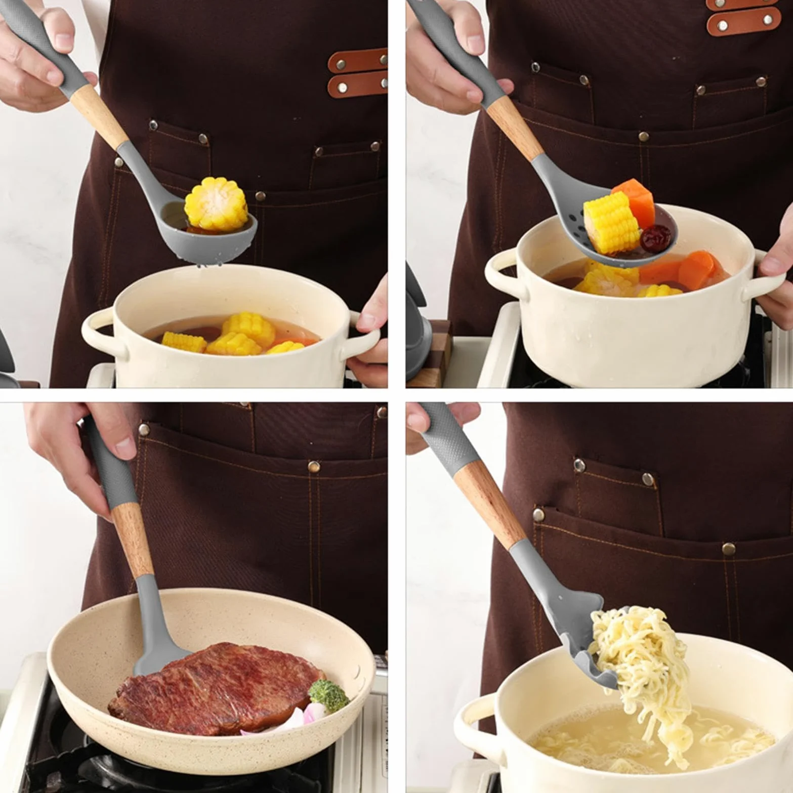 Juego de Utensilios de Silicone Juego de 7 Piezas Resistente al Calor | Cucharas de Cocina, Cucharón y Espátula Para Ollas, Sartenes, Raspar, Hornear, Mezclar, Preparar