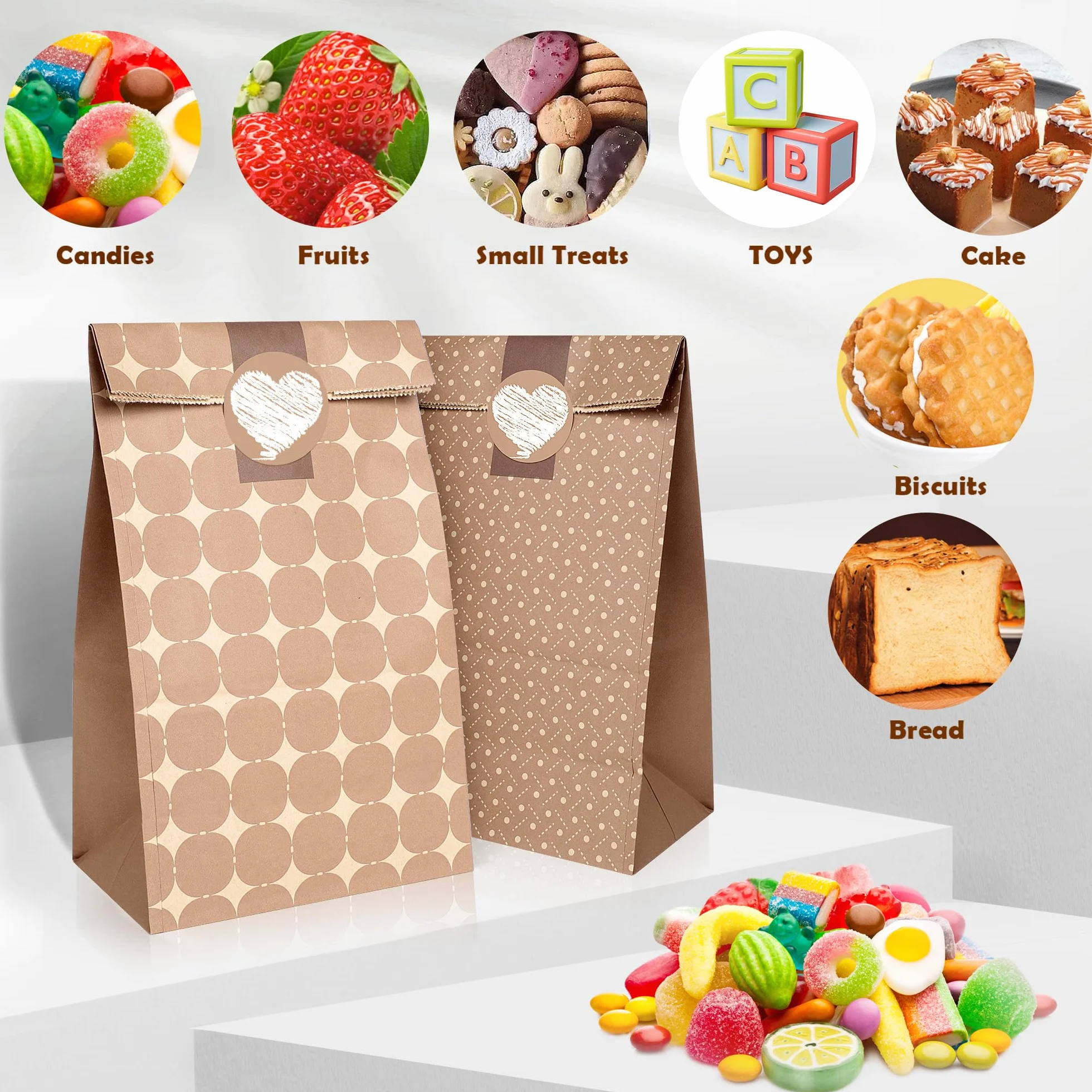 Romon Bolsas de Papel, Bolsas Papel Kraft de 12 piezas con 12 Pegatinas Para bolsas de papel kraft, Bolsas chuches cumpleaños, bolsas para bodas, etc.