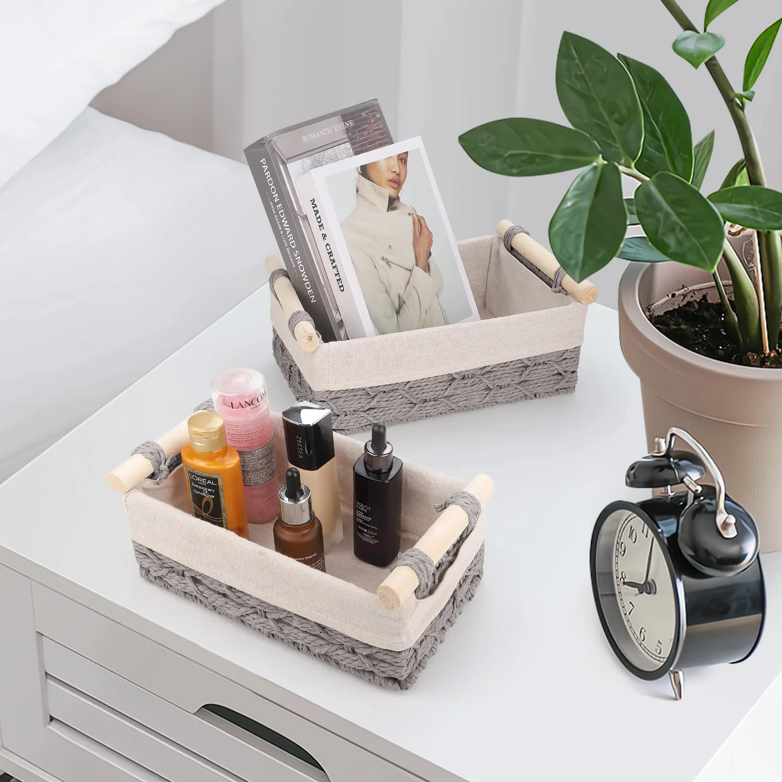 VORHOT 2 Piezas Cestas Almacenaje Tejida Cuerda Papel Boho Decor Cesta Bebe Organizadoras Mango Madera Cajas Decorativas Armarios