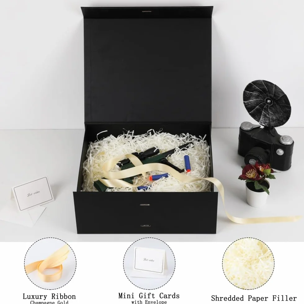 Caja de regalo grande Negro con tapa 32x28x13,5 cm, caja para regalo Empaque cumpleaños, caja de zapatos al por mayor, Navidad Incluye relleno de papel triturado, tarjeta de sobre y cinta