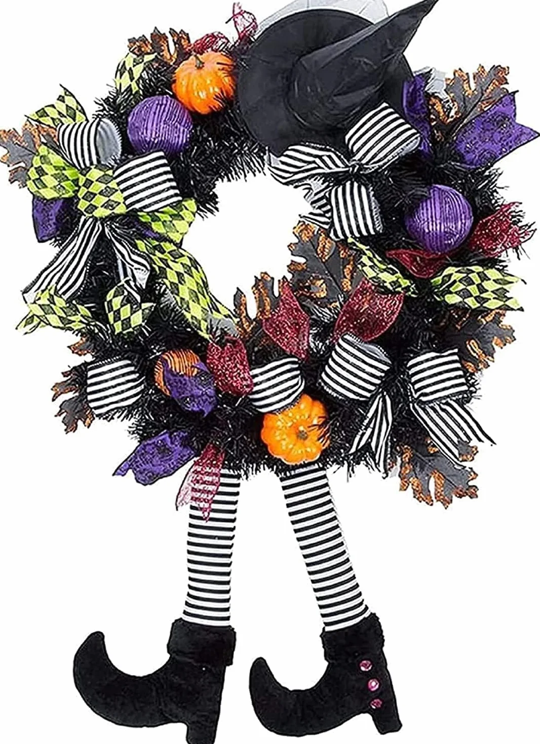 Corona de Puerta de Halloween, Pierna de Bruja Vintage, Guirnalda de Hoja de Arce de Calabaza para Decoración