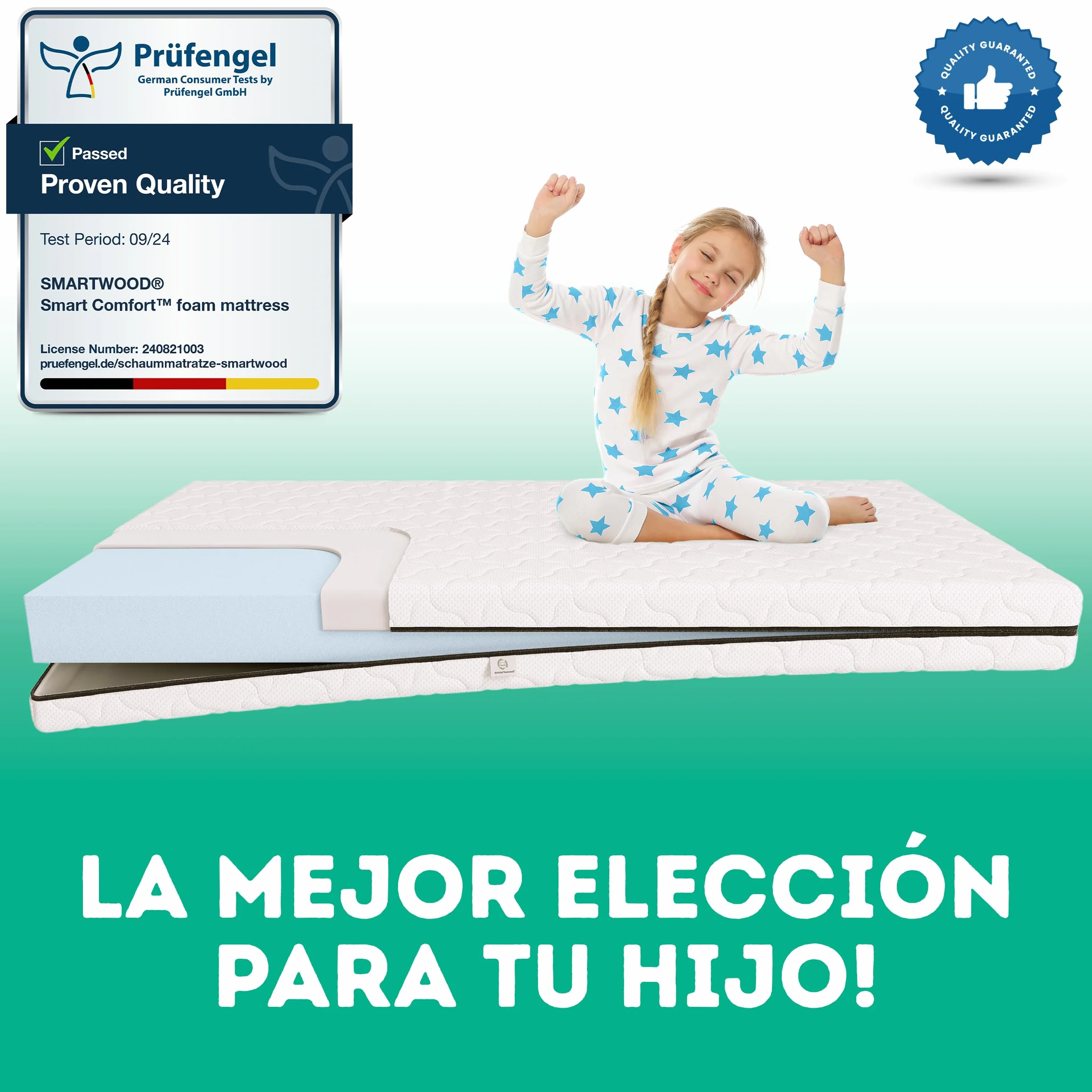 smartwood Colchón 80x140 9 cm Infantil - Colchon Espuma H2 - Certificación Oeko-Tex - Reversible – Funda Transpirable Antialérgica Lavable | Made in UE