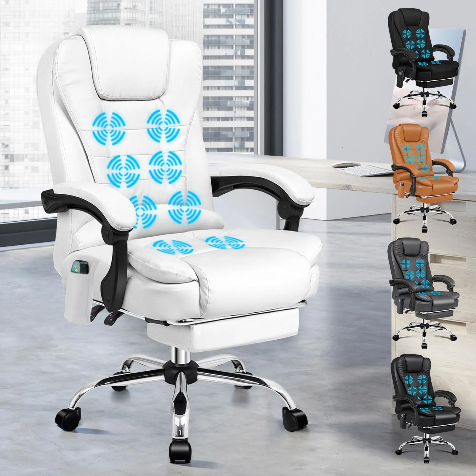 ALFORDSON Silla Oficina Ejecutiva con Masaje, Silla Ergonómica Escritorio con Función de Asiento Calefactable, Reposapiés Retráctil, Reclinable 150°, Cadeira de Ordenador Giratoria, Cuero PU(Blanca)