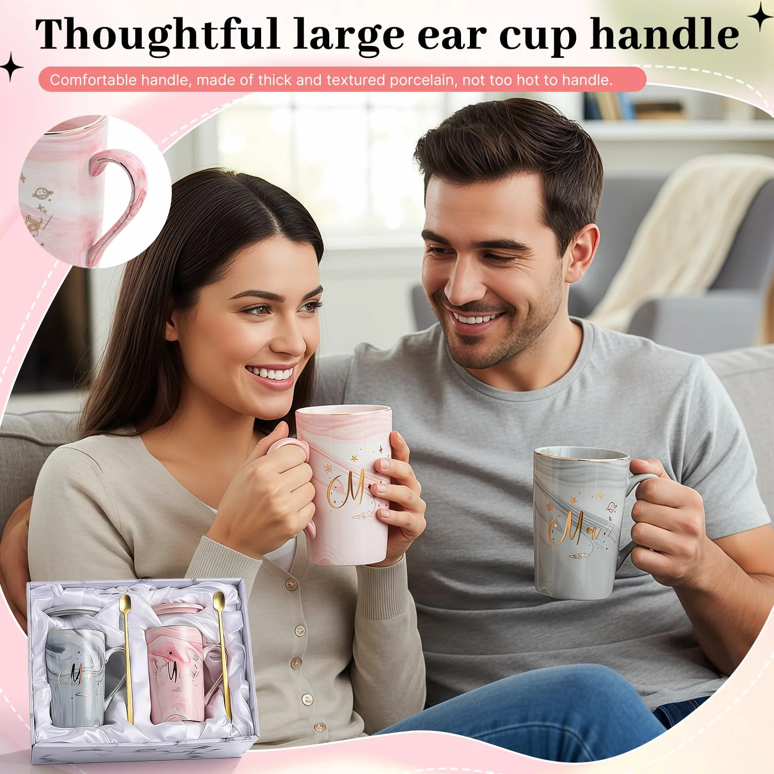 2Pcs Sr. y La Sra. Tazas De Regalo,Mr y Mrs Set de Tazas de Café,400ml Taza de Cerámica con Patrón de Mármol,con Tapa y Cuchara,Caja de Regalo,para Aniversario de Boda,Parejas Casadas