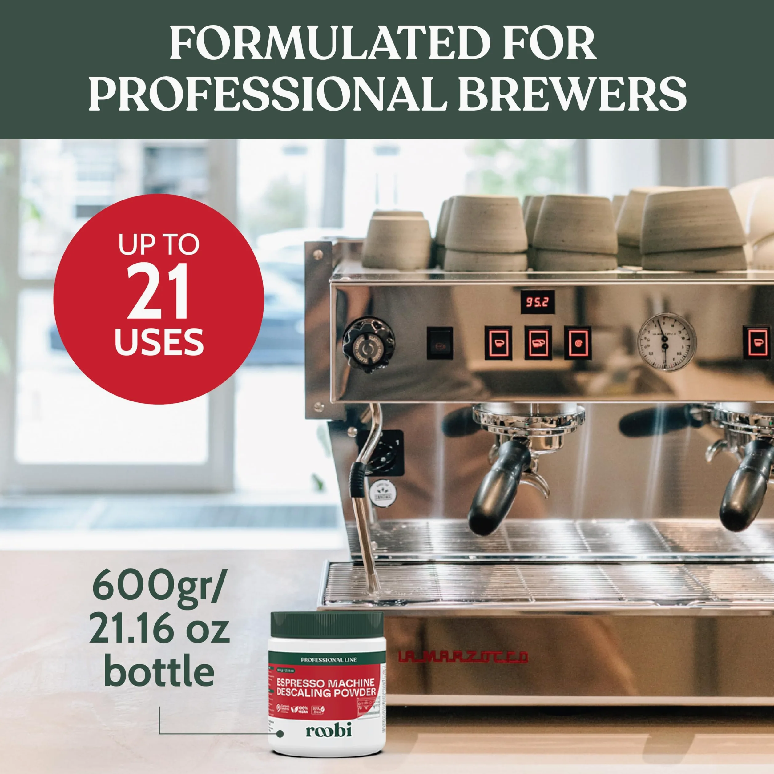 Roobi Polvo descalcificador profesional para máquina de espresso. Polvo descalcificador de espresso neutro en carbono, hasta 21 aplicaciones, 600 gr.