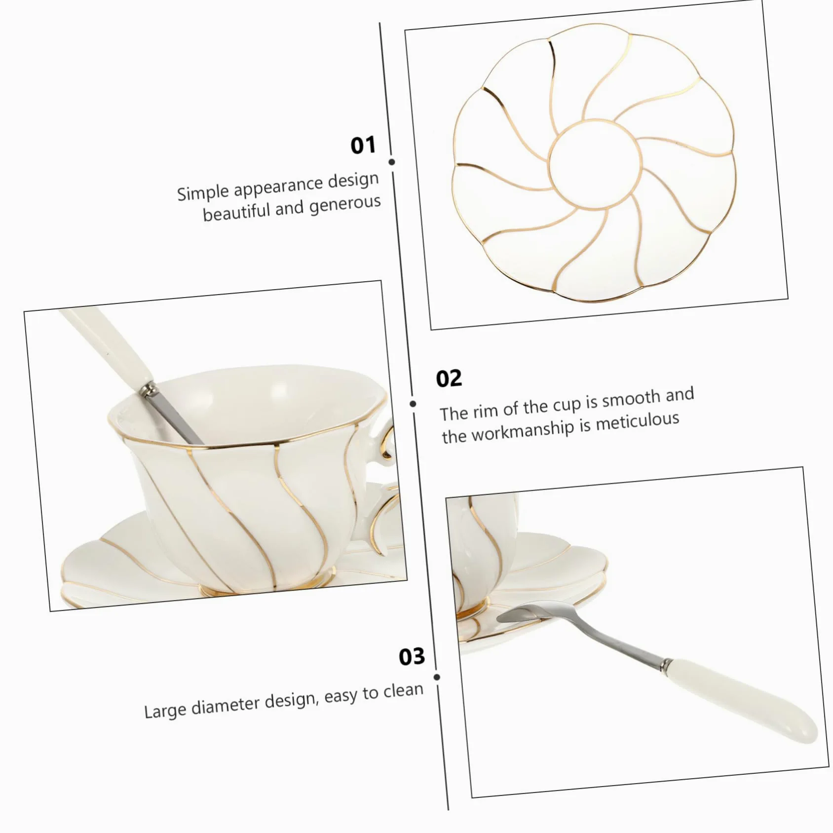 Gatuida Tazas de Café y Té de Elegante con Dorado Set de Taza Plato y Cuchara Resistente y Fácil de Limpiar para Hogar y Oficina