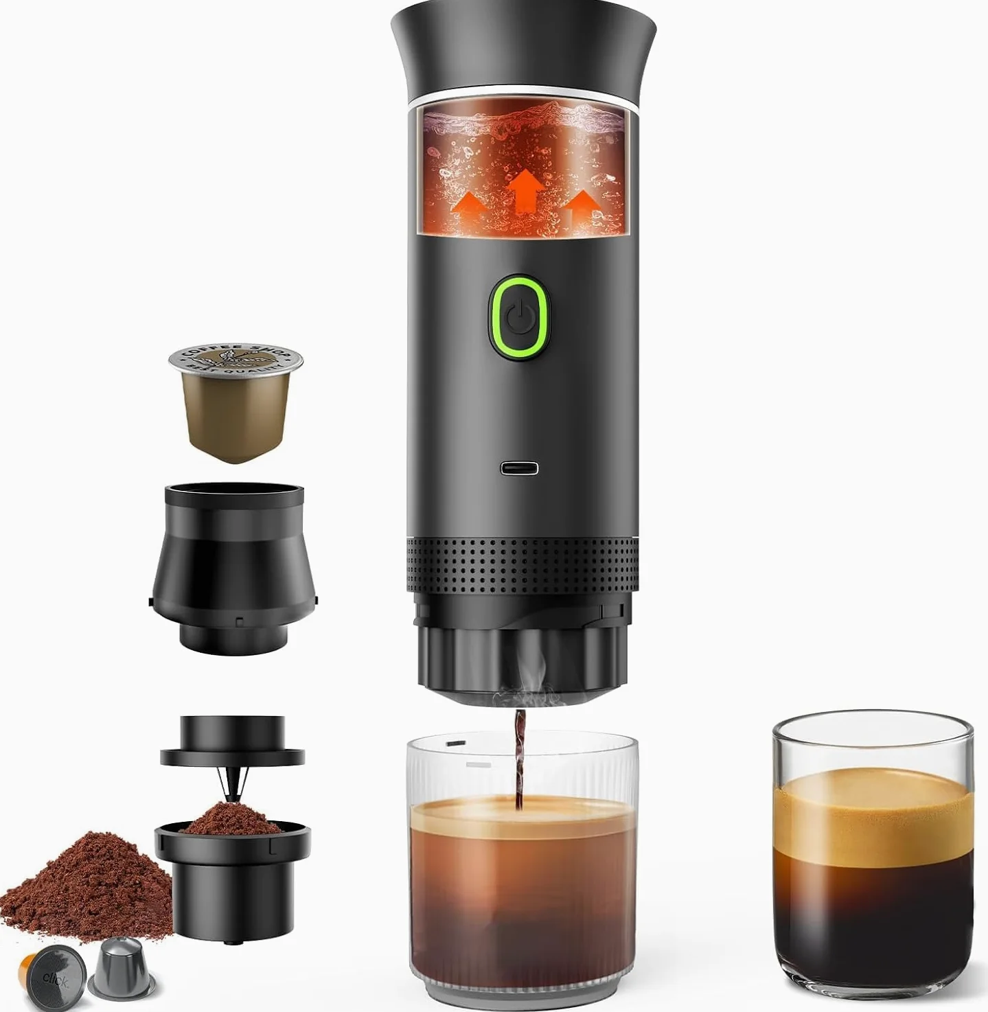 Cafetera Portatil Capsulas 3 en 1 compatible con Nespresso Dolce Gusto y Café Molido - Mini Cafetera Portátil Multicapsulas para Llevar - Maquina Cafe Portatil Pequeña