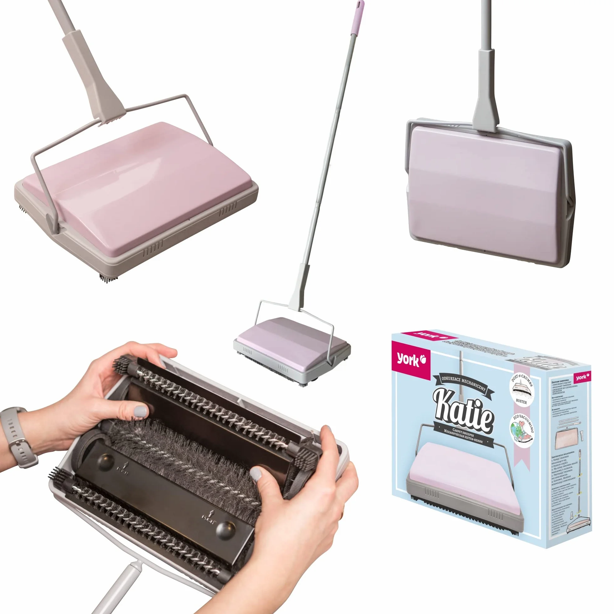 York Escoba Mecánica Recorrido Escoba De Alfombra para Recoger Las Suciedades Sweep Manual Sweeper Barredora de Mano Mopa para alfombras on Cuatro Ruedas Suaves Delgada Y Compacta Gris-Rosa