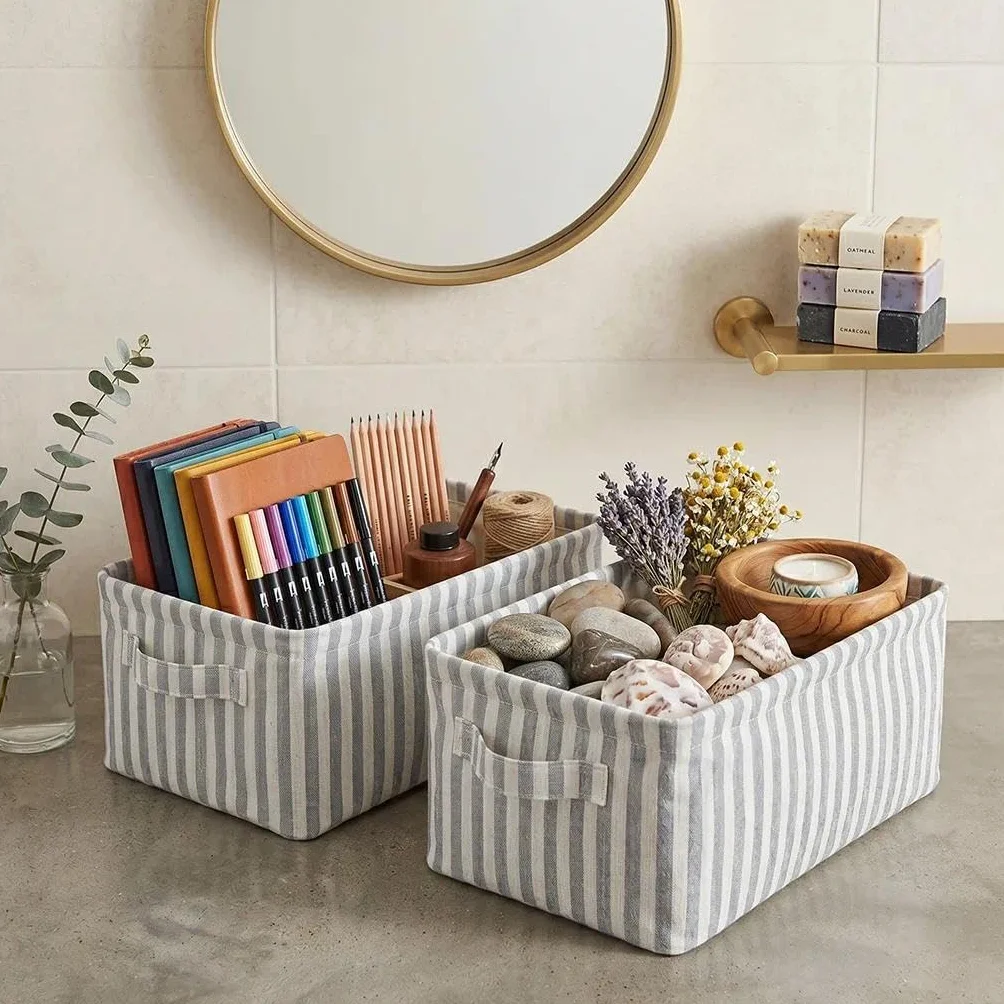 Juego de 2 Cajas Organizadoras de Tela Plegables, Cestas de Almacenamiento Estrechas con Asas para Armarios, Estanterías y Baños - 38x15x13 cm, Gris y Blanco
