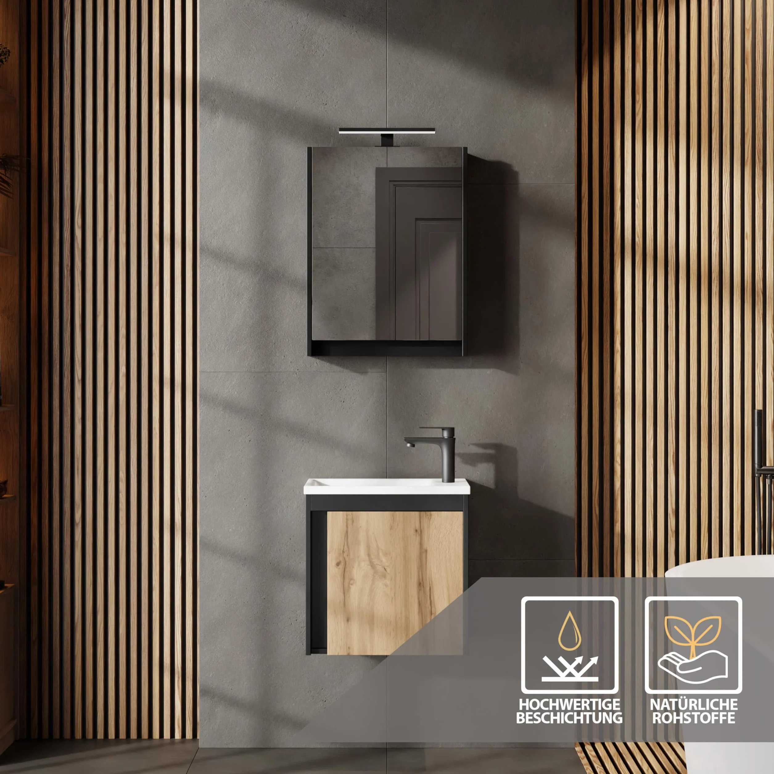 Planetmöbel Juego de muebles de baño de 2 piezas, Lavabo con armario inferior, 50 x 48,3 x 24,8 cm, Negro Mate/roble Wotan, Armario bajo lavabo con lavabo blanco