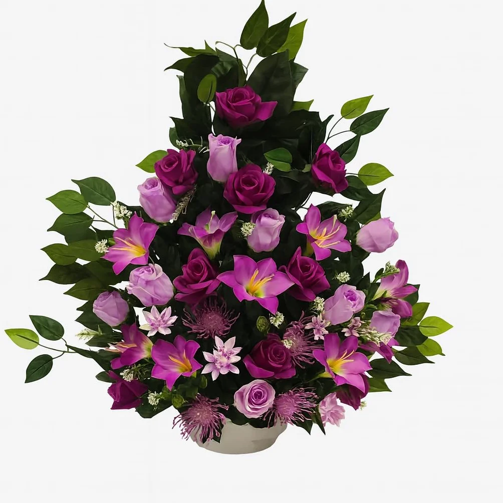 DRW Centro de Flores Artificiales para Bodas, Iglesias, cementerios con azucenas y Rosas Morado 75x70x28 cm