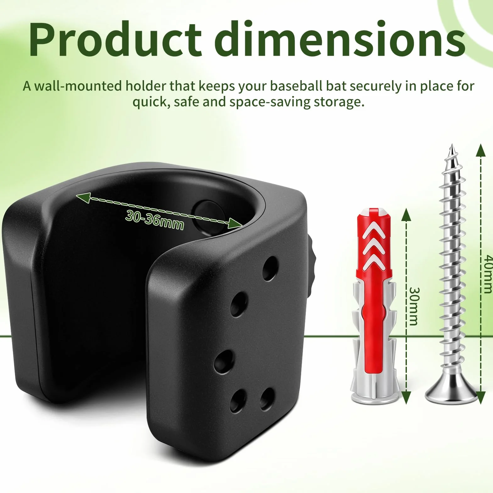 Soporte para bate de béisbol de madera – Soporte de pared para 30-36 mm con sujeción flexible