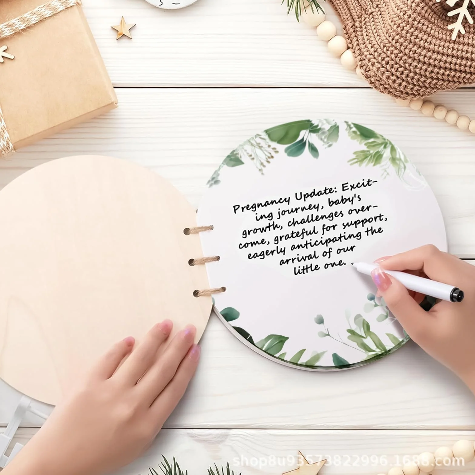 Libro Visitas Baby Shower, Libro de Invitados para Baby Shower, Libro Invitados con Tapa de Madera, Libro Firmas Bautizo, Libro Recuerdos Bebe, Redondo, con 35PCS Papel en Blanco (B)