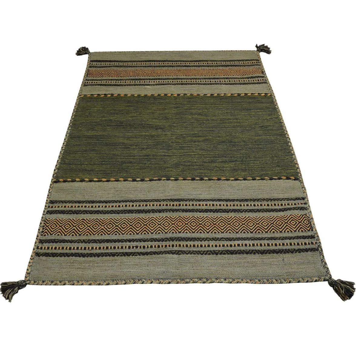 Alfombra ANTIQUE-KILIM verde tejida a mano en algodón y chenilla, 70 x 140 cm