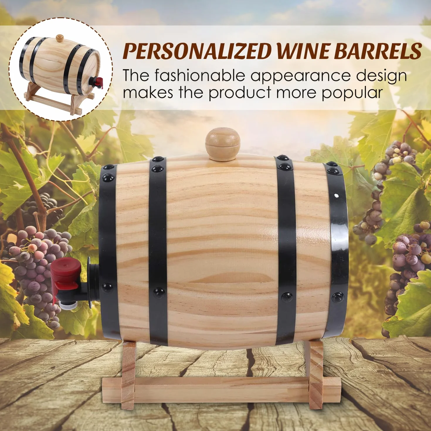 Tissting Barriles de Vino, Barril Vino Madera, 3L Barril Madera Barriles de Envejecimiento con Grifo y Base, Dispensador de Whisky Vino Sidra Licores