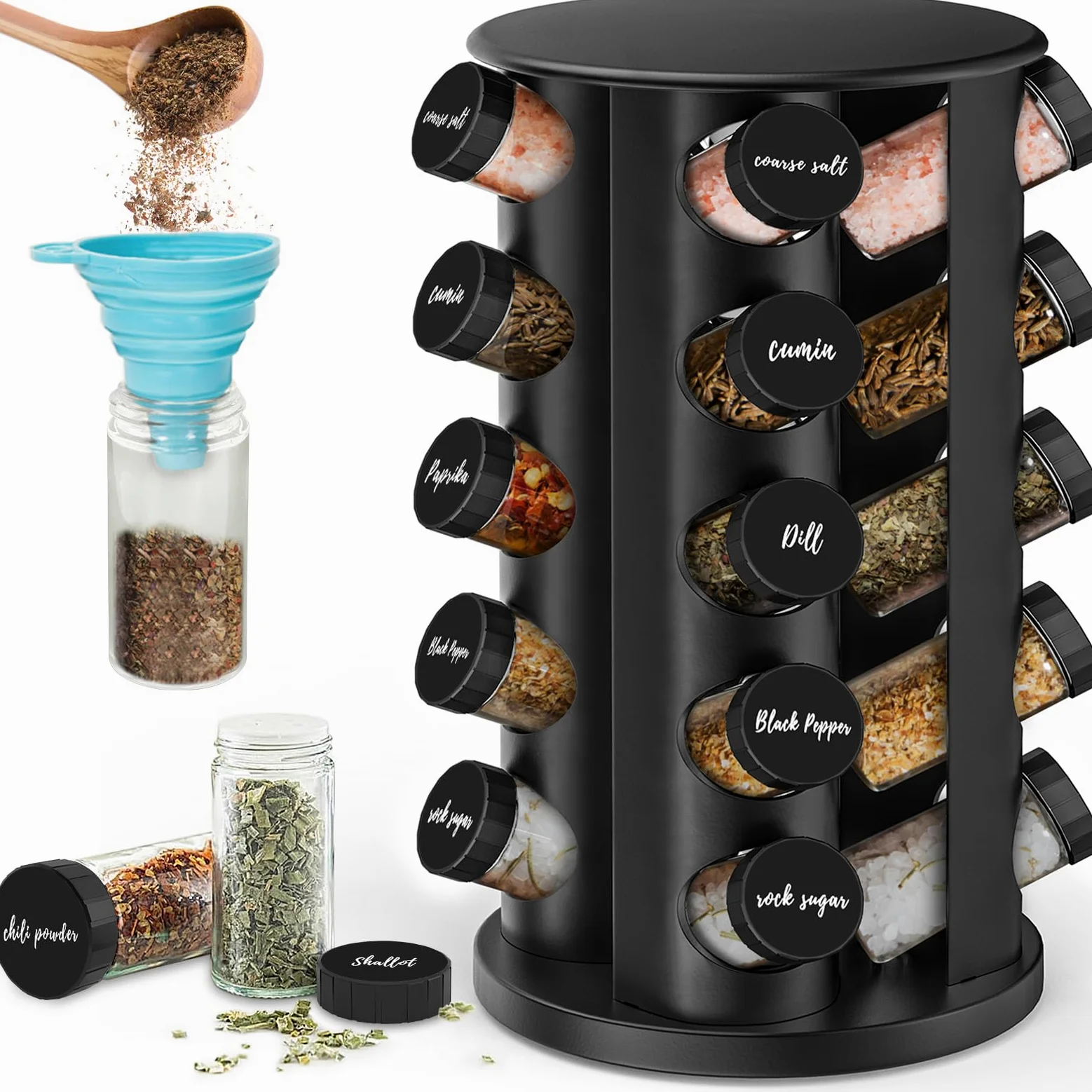 Estante giratorio de especias con 20 vasos de especias,Acero inoxidable | Estante giratorio, Con pegatinas, Funda plegable, Para placa de trabajo o armario