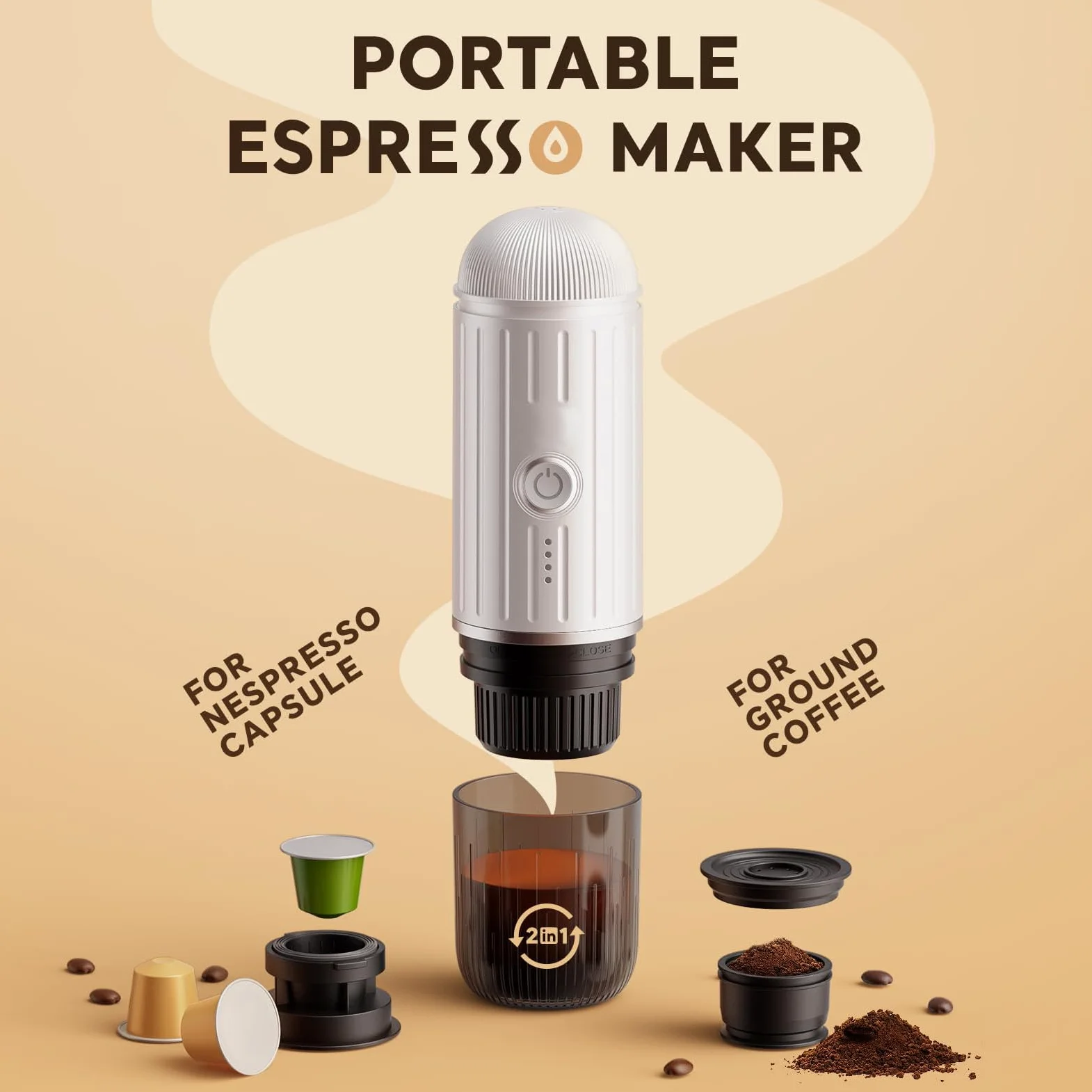 Máquina de café espresso eléctrica portátil, sistema de extracción de calor 2 en 1, cafetera espresso Crema Nespress, soporta café molido y cápsula NS, ME2218 (blanco)