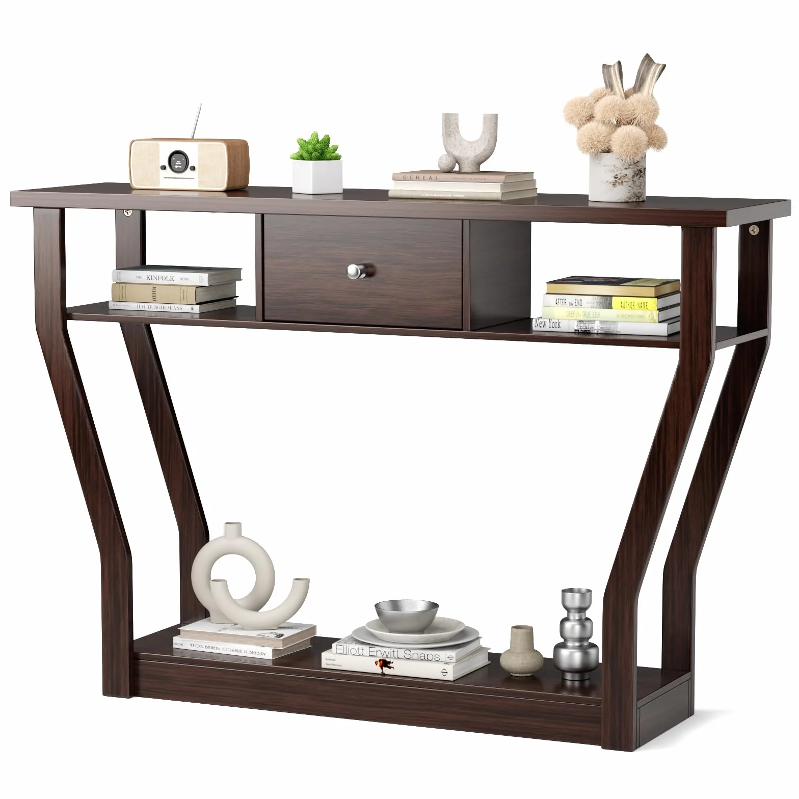 GOPLUS Mesa Consola de MDF Anti-Bascular con Cajón y 3 Estantes, Consola con Base Estable y Duradera, Mesa de Entrada para Dormitorio, Salón, 120 x 30 x 81 cm, Carga Máxima 50 kg (Marrón)