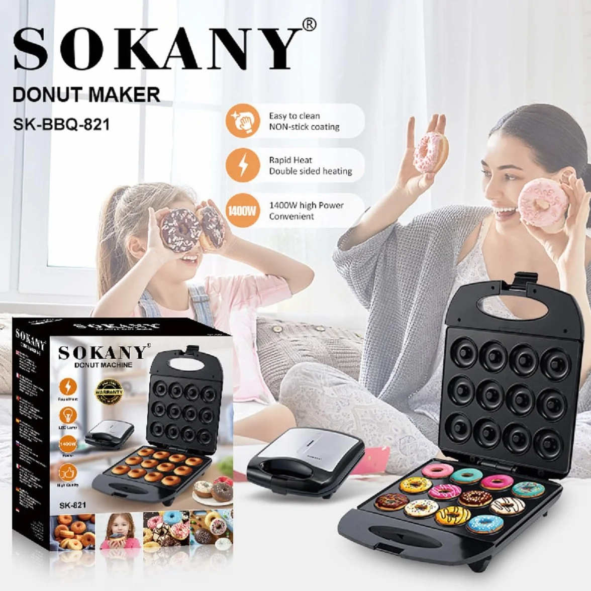 SOKANY SK-821 1200W Máquina para Rosquillas, Máquina para Rosquillas Para 12 donuts, Revestimiento Antiadherente, Fácil de limpiar, Horneado de doble cara